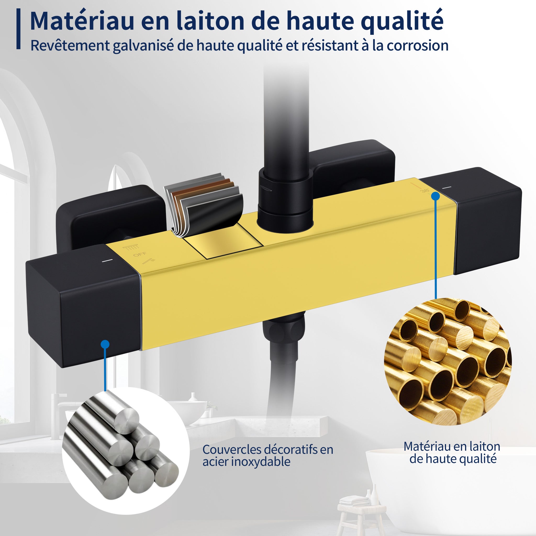 Colonne de Douche Thermostatique Noir Sans Percement Supplémentaire, Ensemble de Douche Réglable en Hauteur ( 1006-1206mm) Corps en Laiton - 5