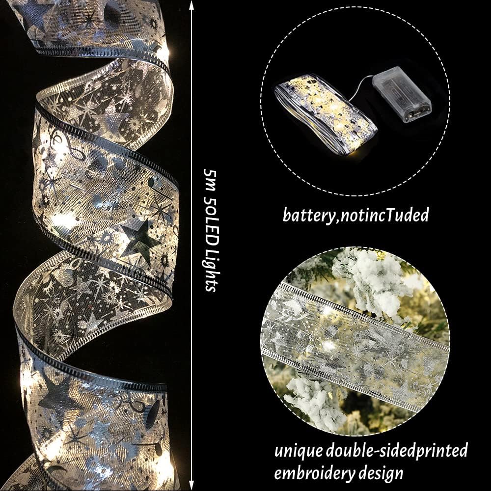 Luci a nastro per albero di Natale in argento, luci a nastro per albero di Natale da 5 m, striscia LED per decorare alberi di Natale, luci a nastro pe - 2