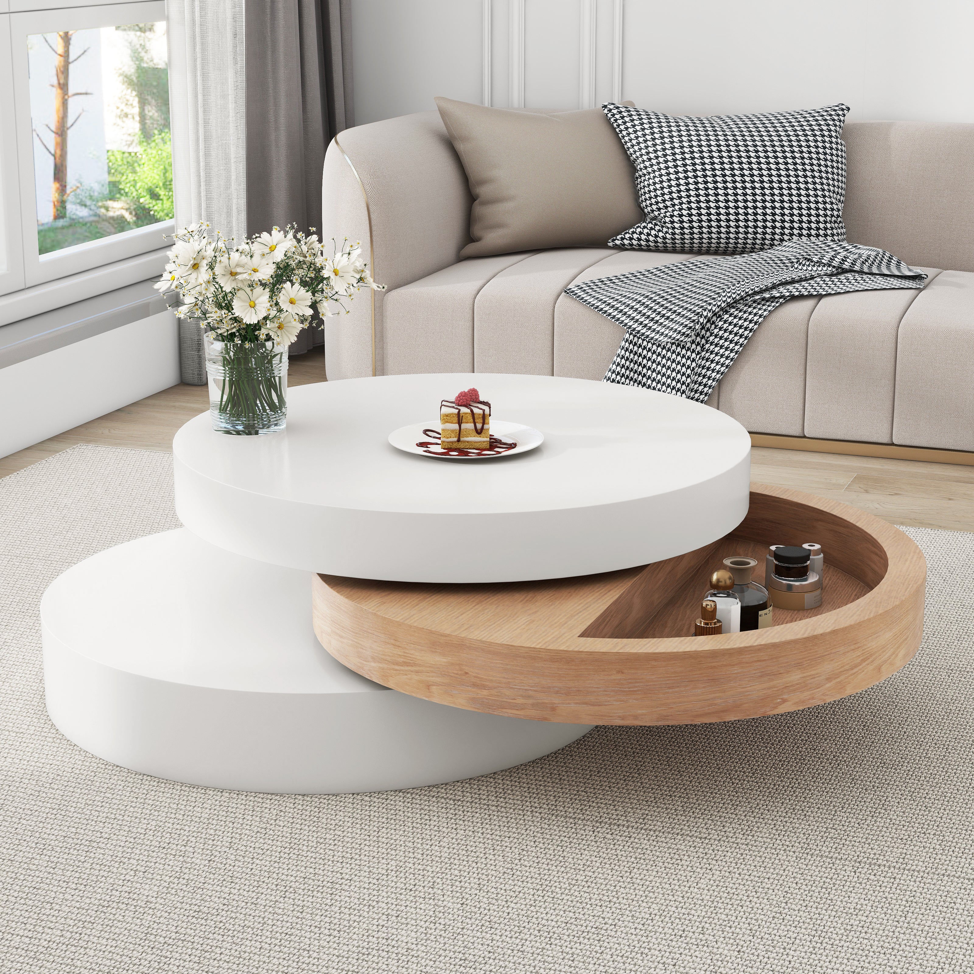 Table basse ronde pivotante 60 x 60 x 35,1 cm avec plateau rotatif 360°, rangement intégré, 3 niveaux, blanc et bois naturel - 2