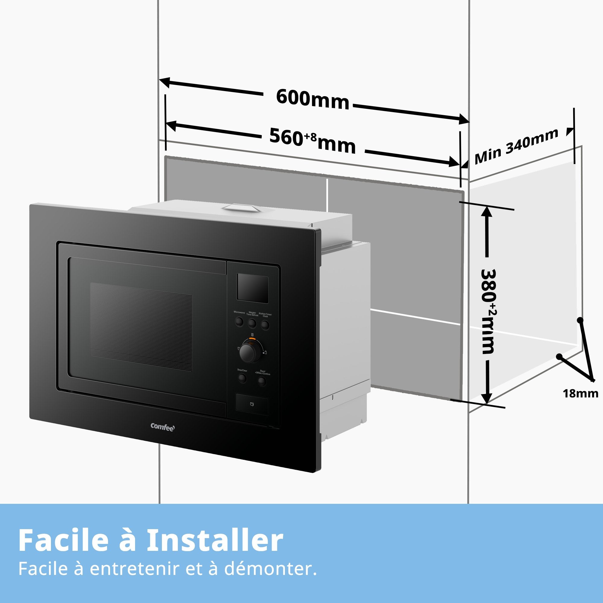 Micro-ondes encastrable COMFEE CBMAM820BJL-BK - 800W - L59,5 x H38,8 x P40 cm- 20L - Noir - 2