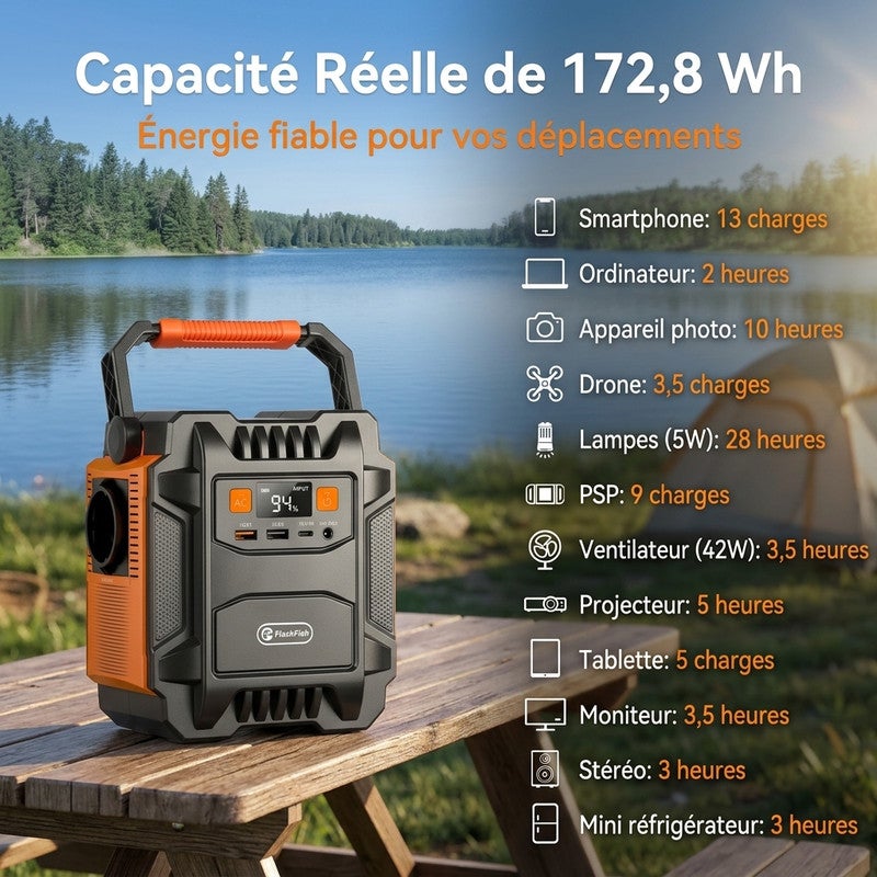 FLASHFISH A201 Station Électrique Portable 200W - Batterie Solaire 172,8Wh 48000mAh - AC 230V USB-C DC 12V - 3