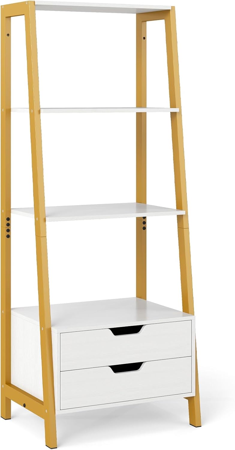 Biblioteka Salonowa 4-Poziomowa z 4 Regałami, 2 Szufladami, Regał z Drabinką Samonośna z Metalową Ramą, 52 x 39,5 x 134 cm (Biała)