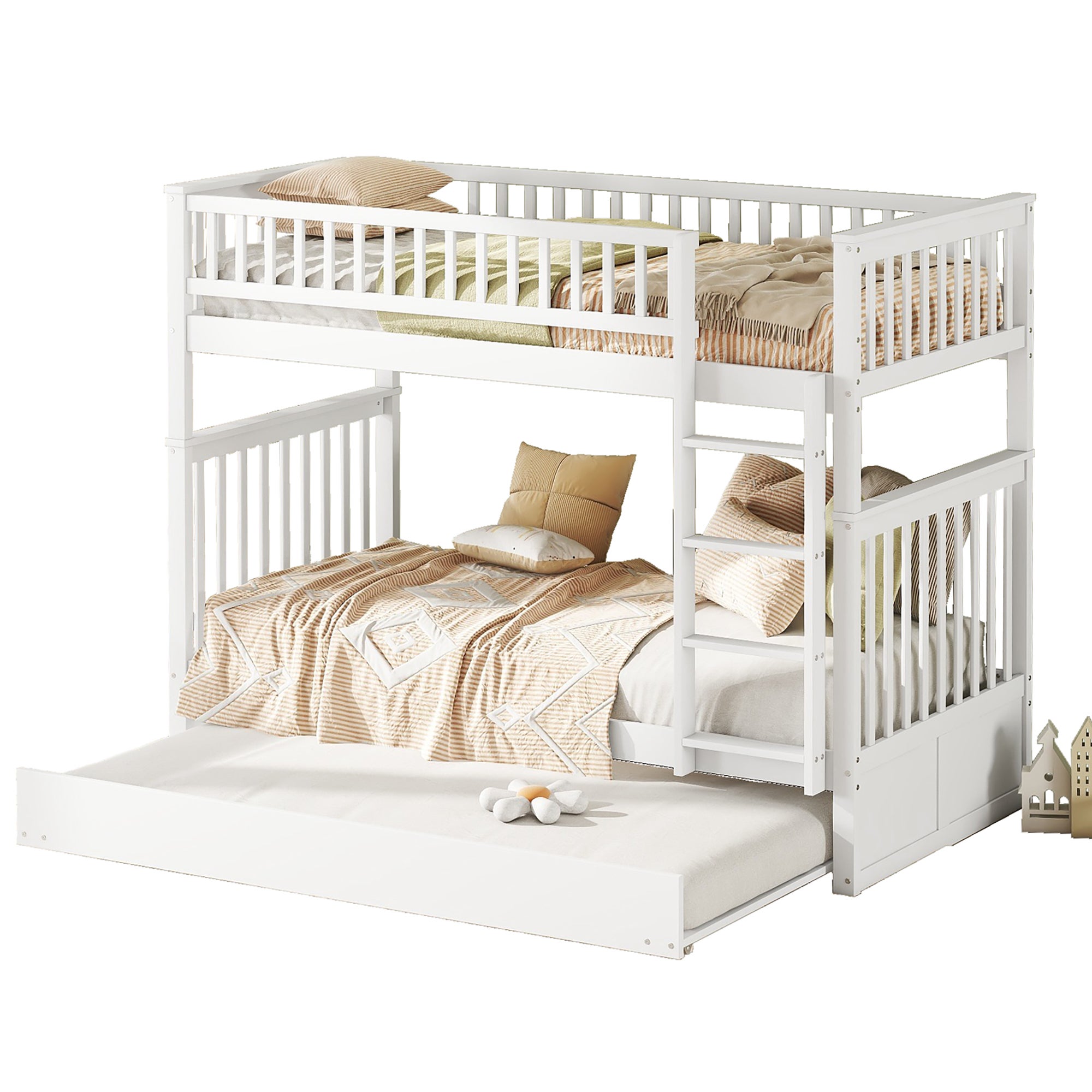 Lits superposés 90 x 200 cm, lits pour enfants, lits triples, lits superposés avec lit gigogne, garde-corps hauts, escaliers stables, blanc - 8