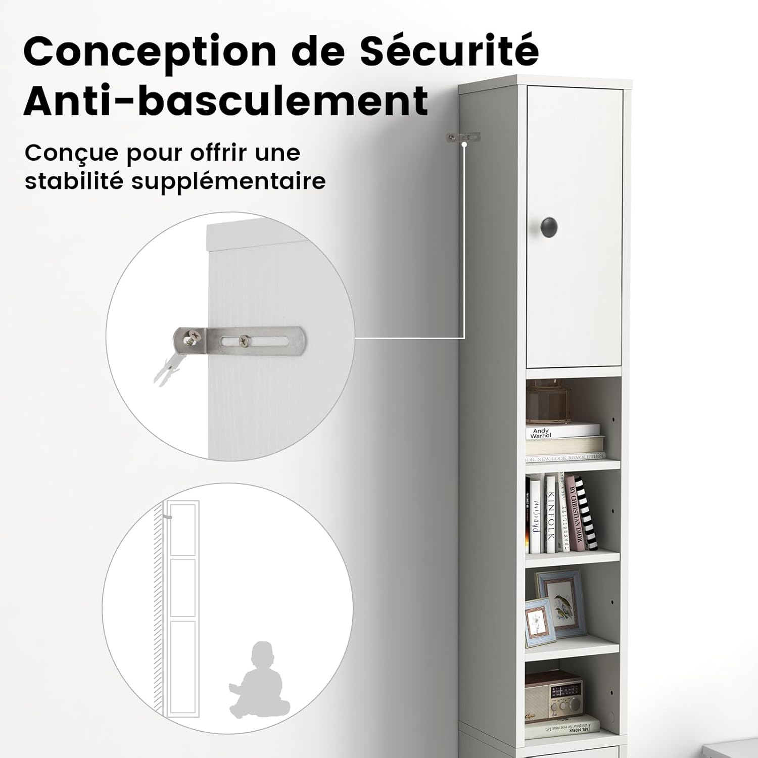 Meuble Colonne Salle de Bain, Meuble de Rangement avec 2 Placards à Porte, 1 Tiroir et 5 Étagères Réglables, 20 x 20 x 180 cm, Blanc Cérusé - 7