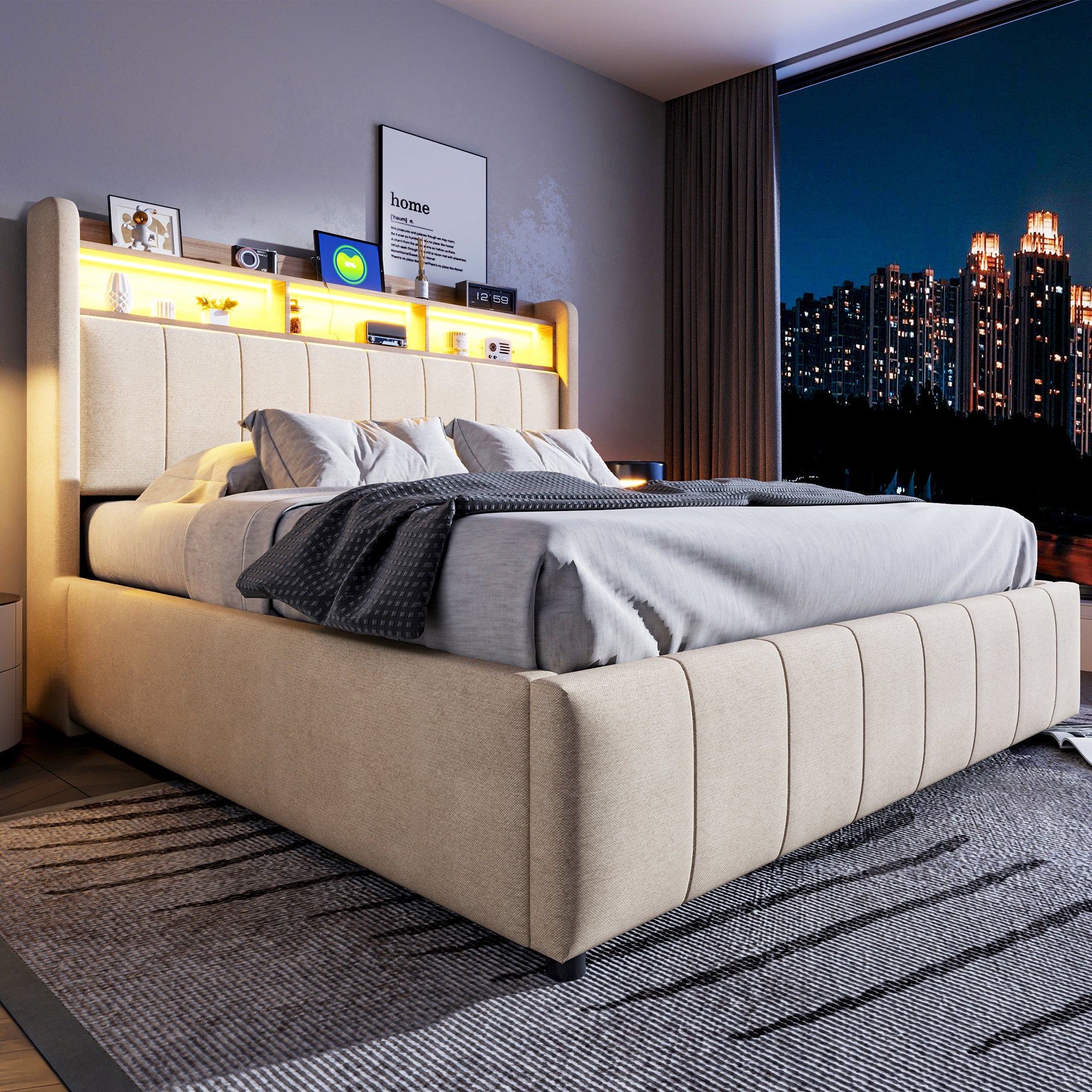 Lit coffre lit double 160 x 200 cm lit capitonné avec éclairage LED, prises USB et rangement, lin, beige - 2