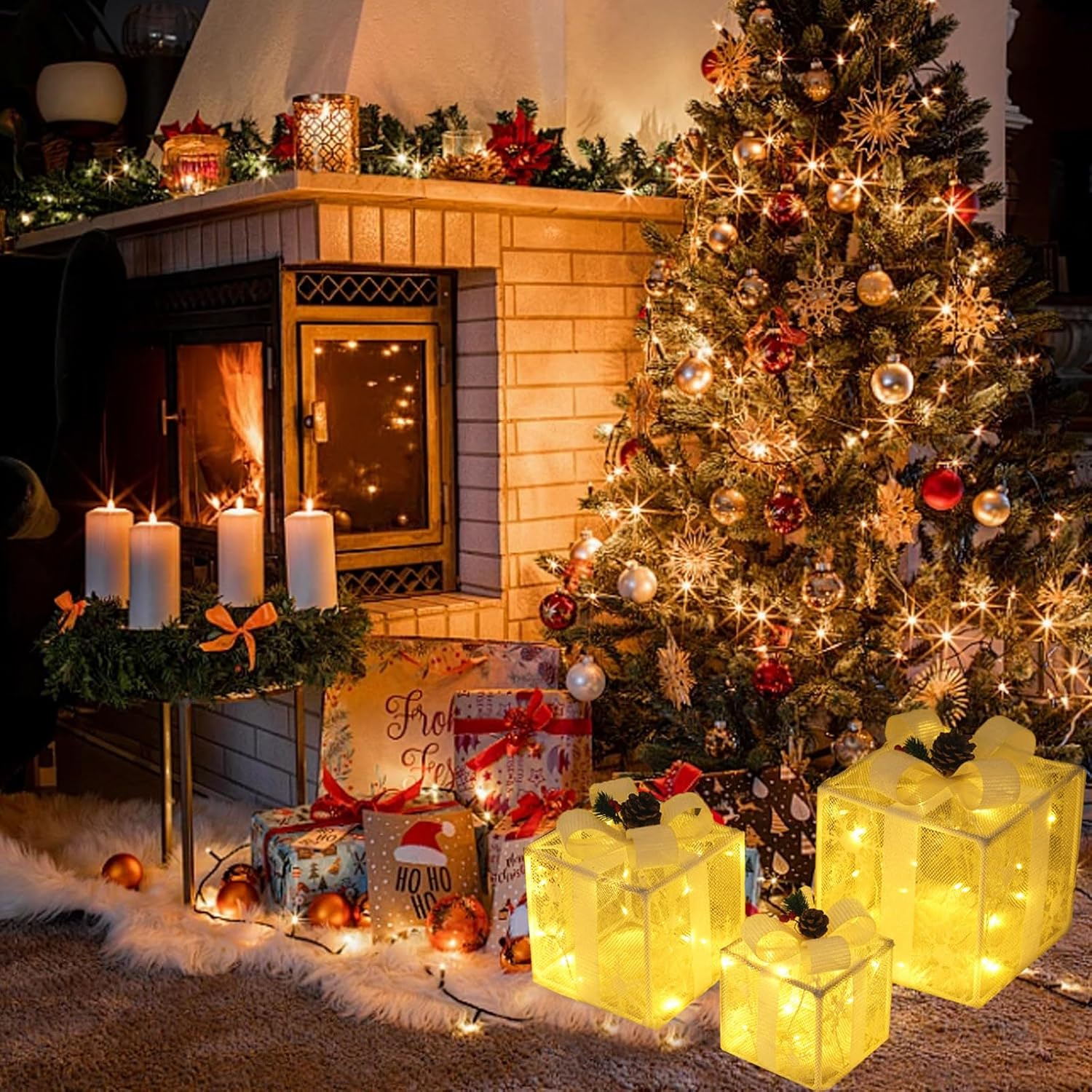 Juego de 3 cajas de regalo iluminadas para Navidad, cajas de regalo iluminadas con control remoto, decoraciones navideñas - 4