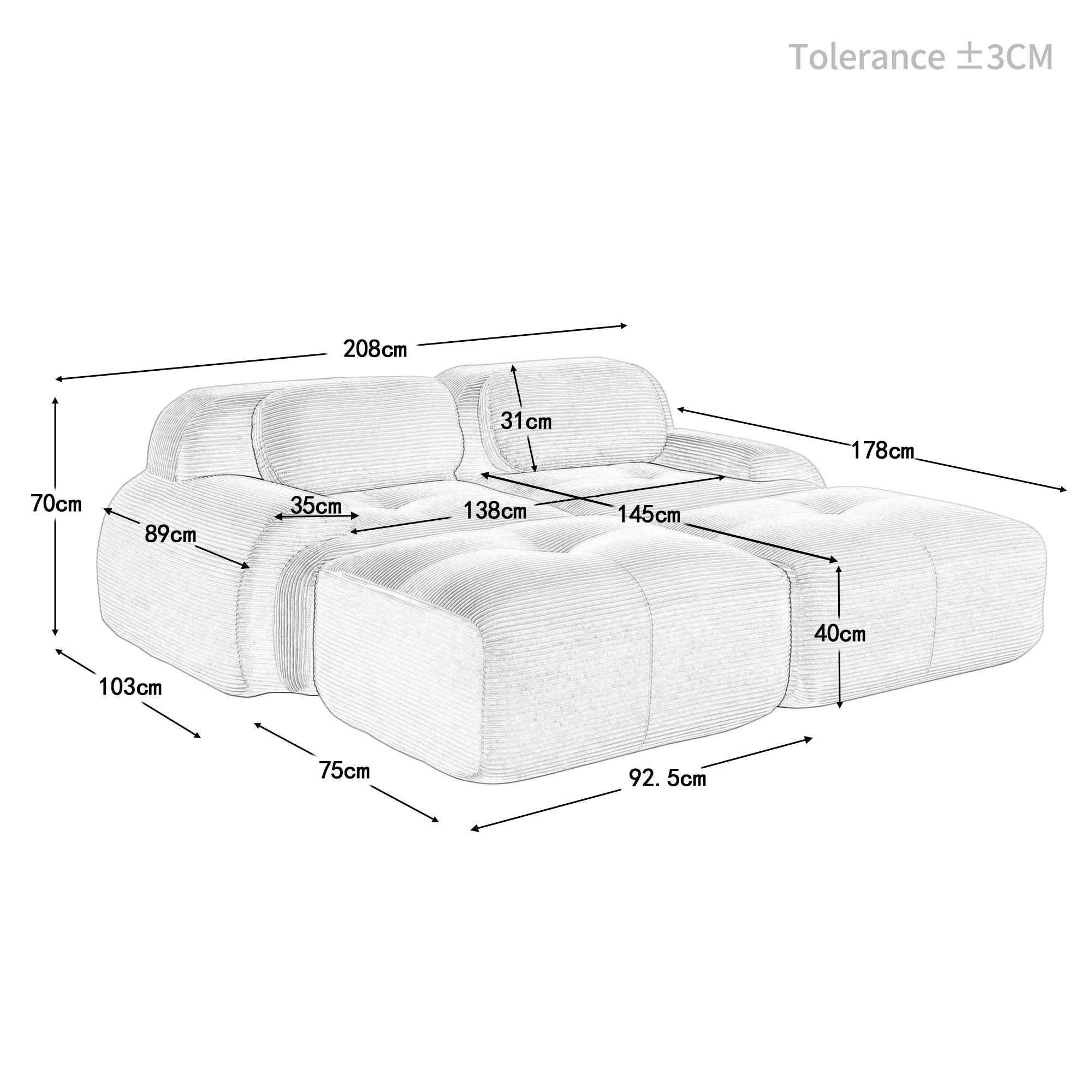 Canape 2 places en velours côtelé Beige, Canapé modulable avec appui et base anti, Petit canapé Rembourrage haute élasticité - 9