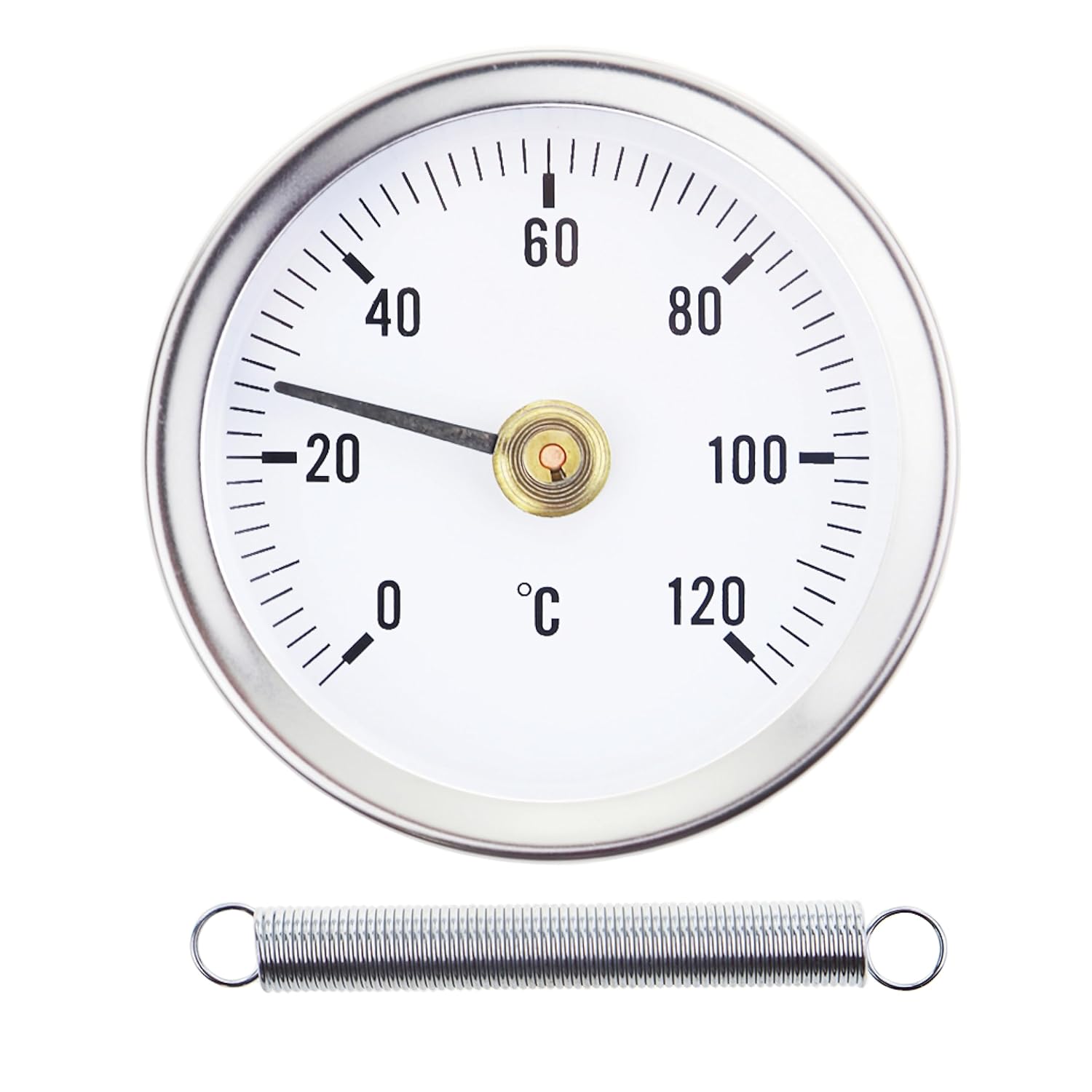 Termometr sprężynowy 0-120°C z zaciskiem do montażu na rurze, powierzchnia bimetaliczna ze stali nierdzewnej - 63 mm