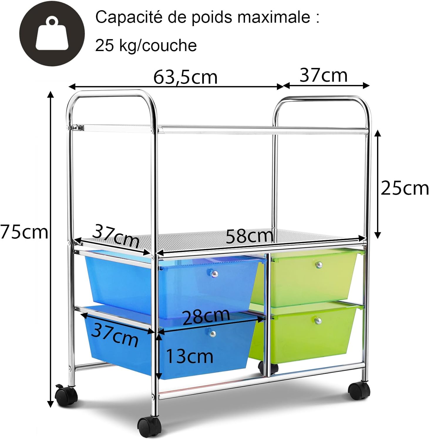 Carrello Portaoggetti con Ruote, 4 Cassetti, Carrellino Organizzatore Salvaspazio, per Uffici, Parrucchieri, 63,5 x 37 x 75 cm (Verde) - 3