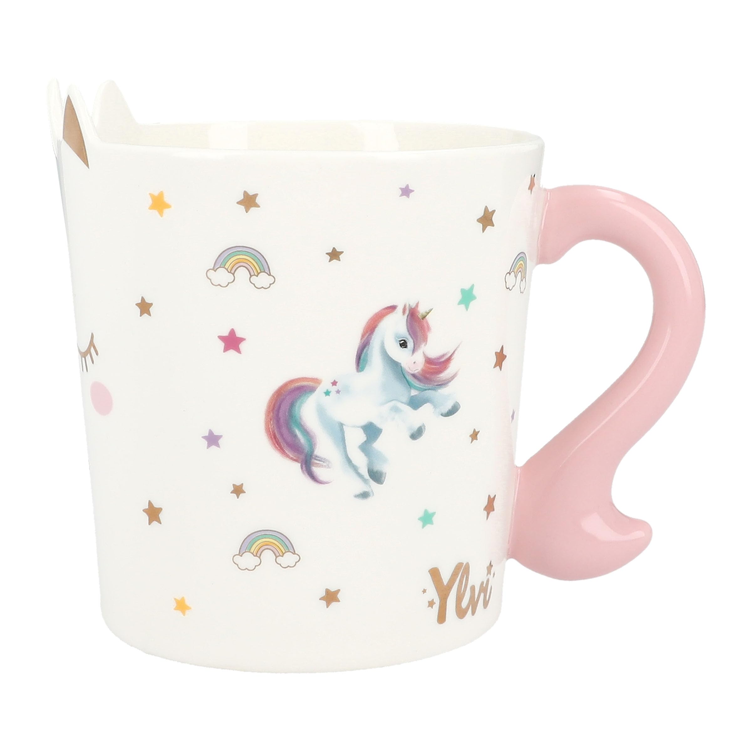 Depesche 13069 Ylvi Mug bianca con stampa e scritta unicorno dorata, tazza in porcellana con manico rosa, capacità circa 300 ml, Multicolore - 3