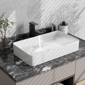 Lavabo Vasque en Céramique Rectangulaire avec Vidange Pop-up, Vasque à Poser Blanc 60 x 35 x 11 CM Style Moderne pour Salle de Bain