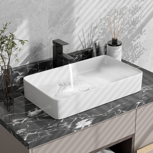 Umywalka Ceramiczna Prostokątna z Odpływem Pop-up, Umywalka Nablatowa Biała 60 x 35 x 11 cm, Styl Nowoczesny do Łazienki