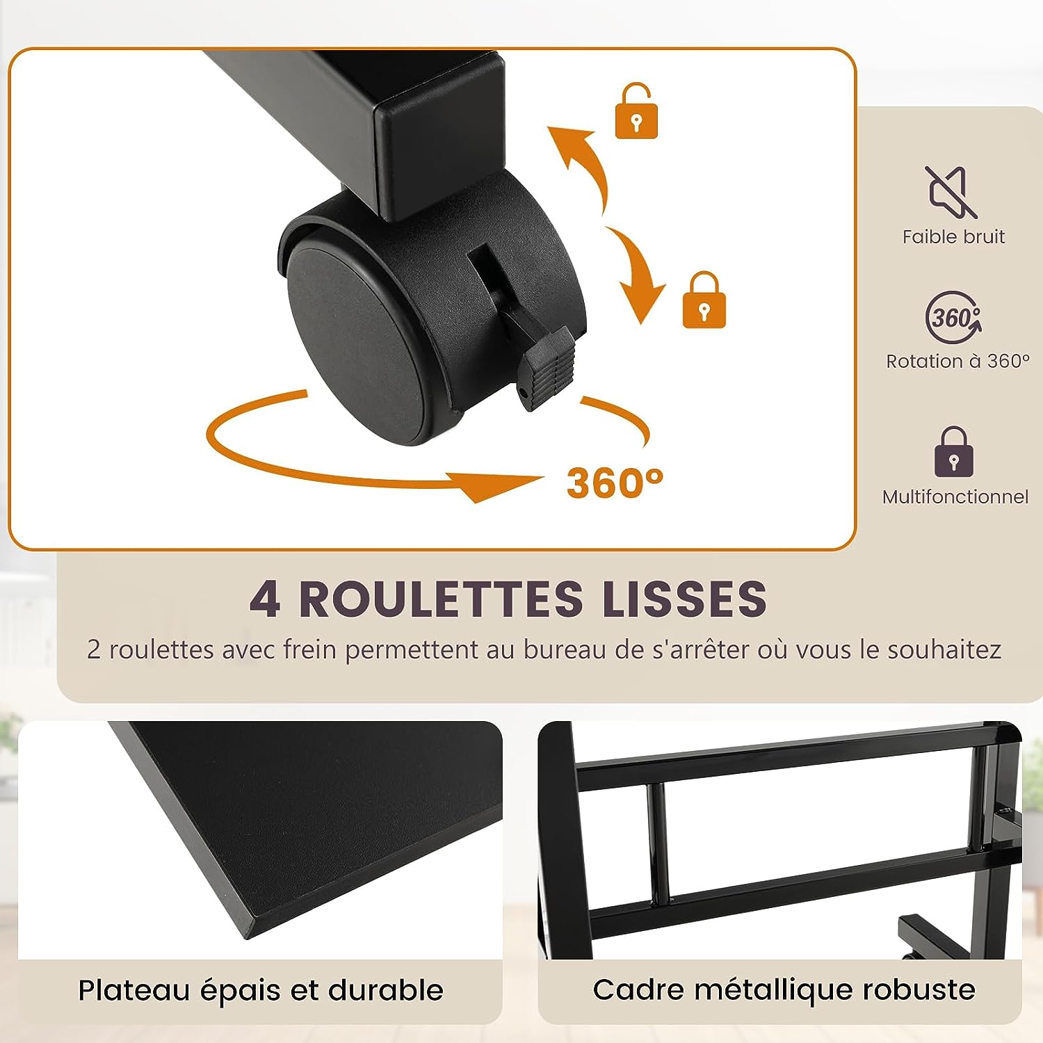 Bureau Assis-Debout à roulettes, Table Informatique à 2 Niveaux pour Ordinateur (Noir) - 5