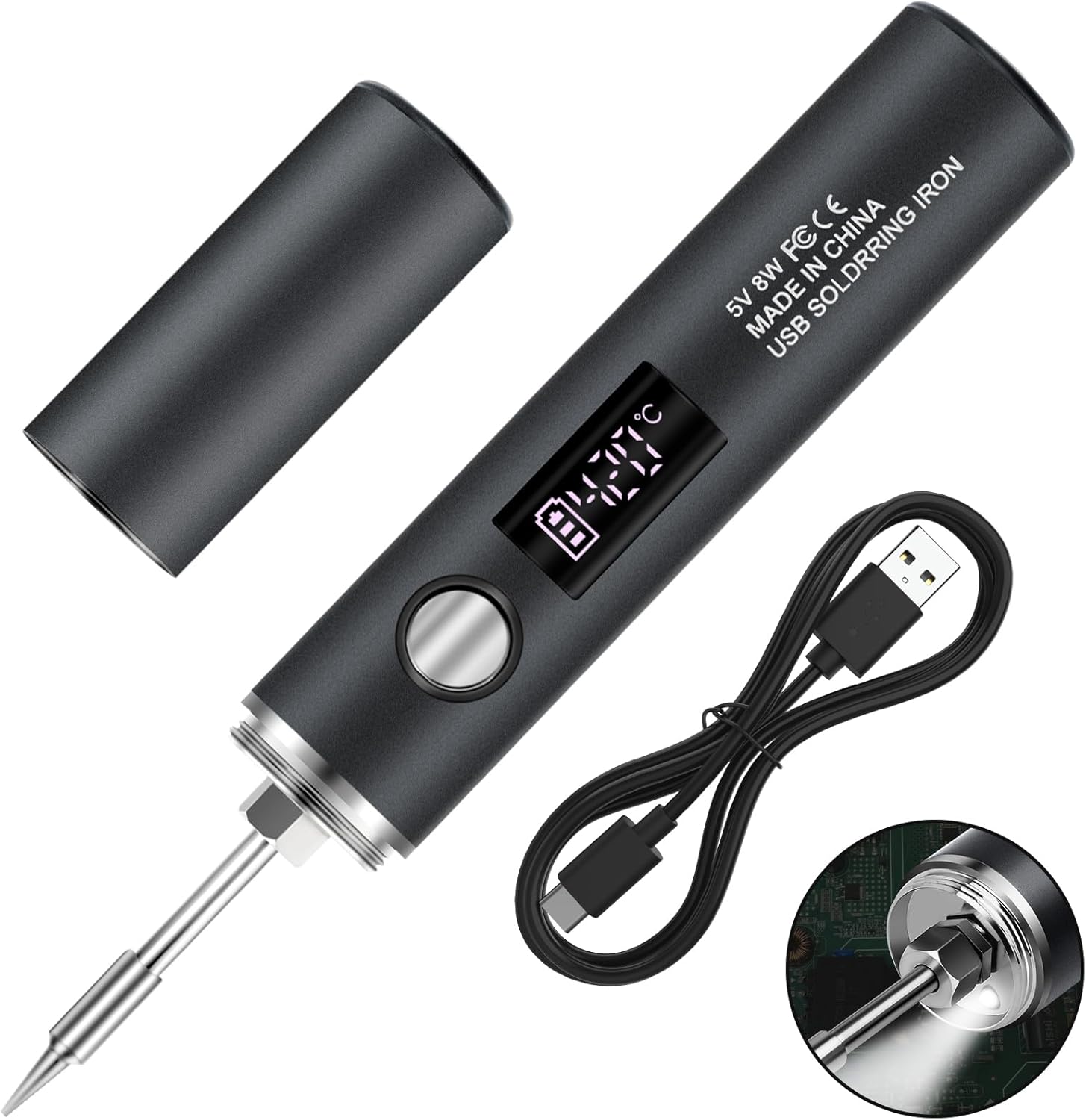 Zestaw lutownicy USB z wyświetlaczem LCD, 5 temperatur 260-450°C, wbudowane oświetlenie, czarny