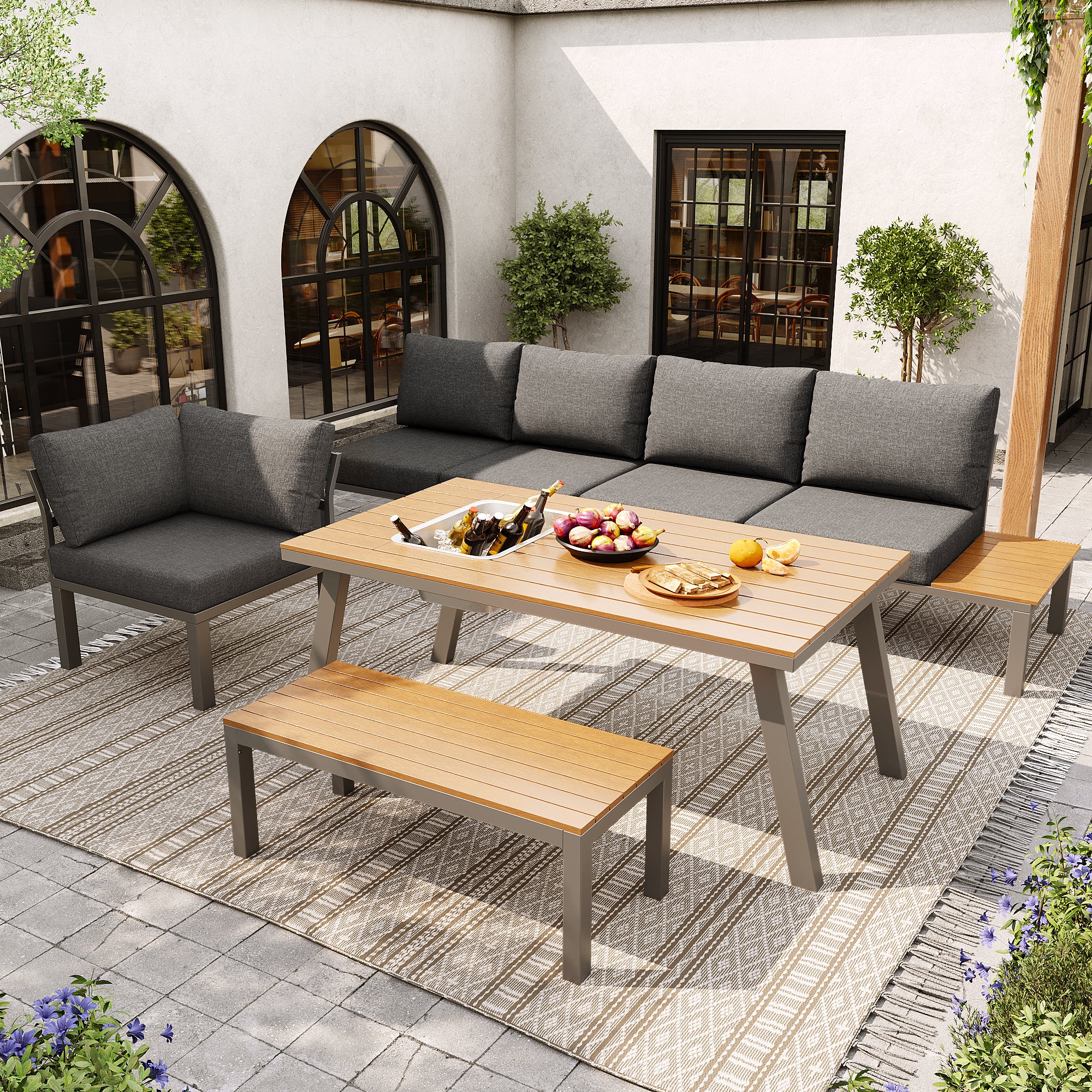 Muebles de jardín modulares en hierro galvanizado: 1 sofá esquinero de 6 plazas + 1 banco + 1 mesa de comedor - Gris + natural - 5