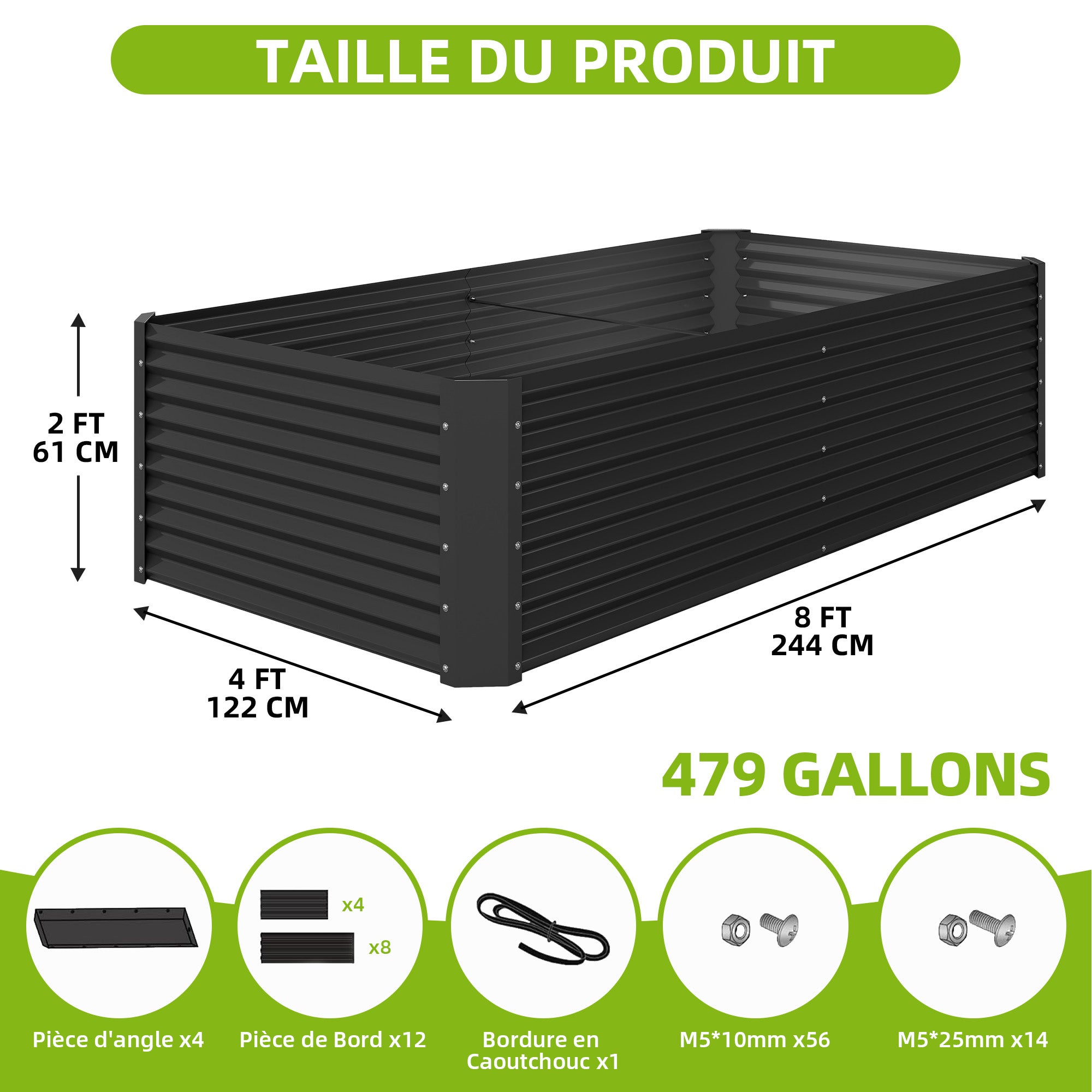 Lot de 2 Carré Potager de Jardin, 240x120x58 cm, Lit Jardinière surélevée, en Métal pour Jardin Forme carrée - 4