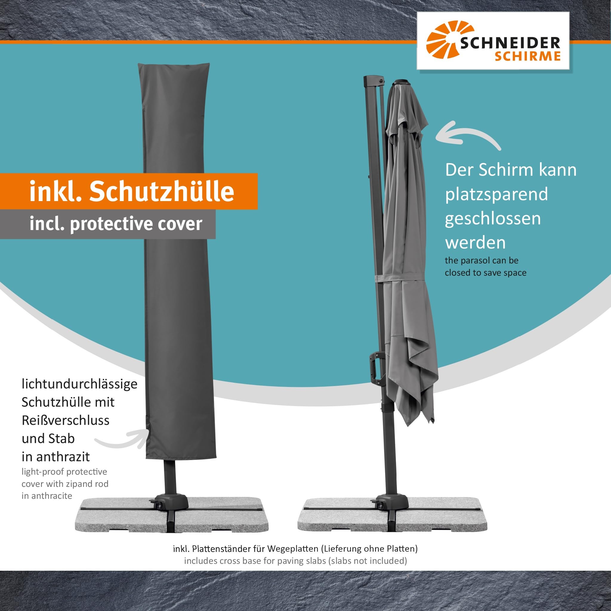 Parasol déporté Schneider Vivasol anthracite, 270 x 270 cm – rotatif 360°, inclinable, avec housse et support pour dalles - 3