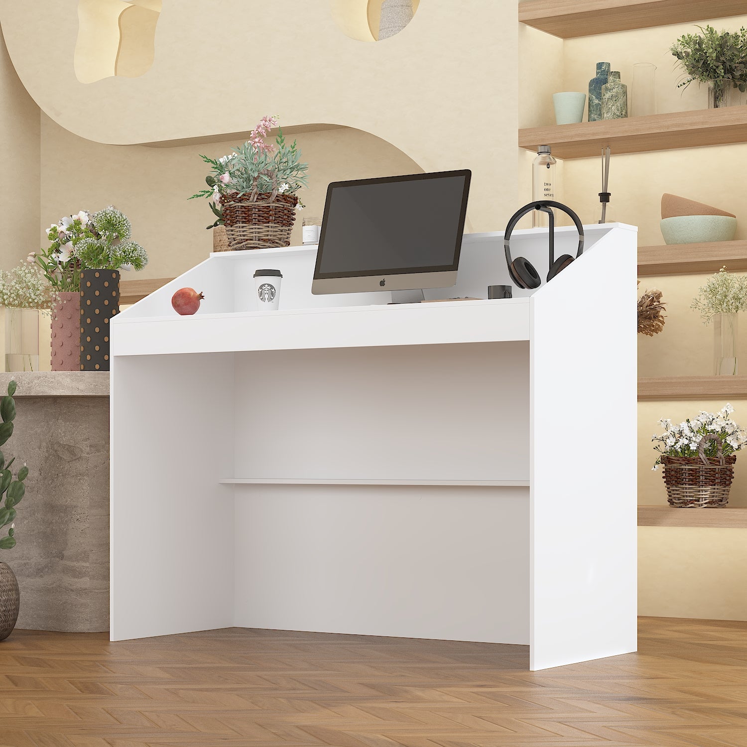 Comptoir de réception avec compartiments ouverts,Table de réception,étagères,Salon,Bureau,120x50x100cm,Blanc - 2