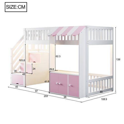 Lit superposé Enfant 90X200 avec armoire et LED, Lit mezzanine avec escalier de rangement et sommier à lattes, Rose(Sans Matelas) - 6