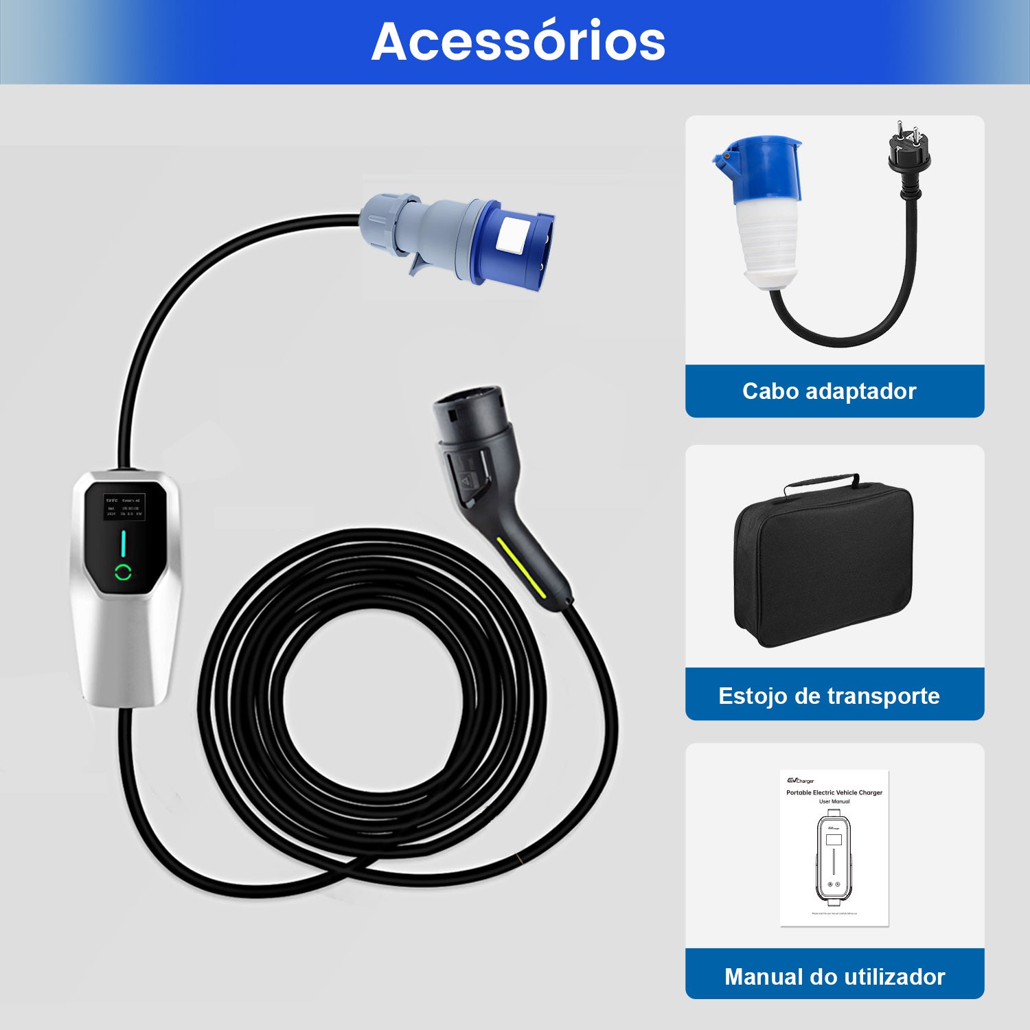 HEXINEX Carregador Veículo Elétrico 7 kW 32A Tipo 2 | Cabo de 5 m com Adaptador Tomada CEE 7/7 | IP67 | IEC 62196 - 9