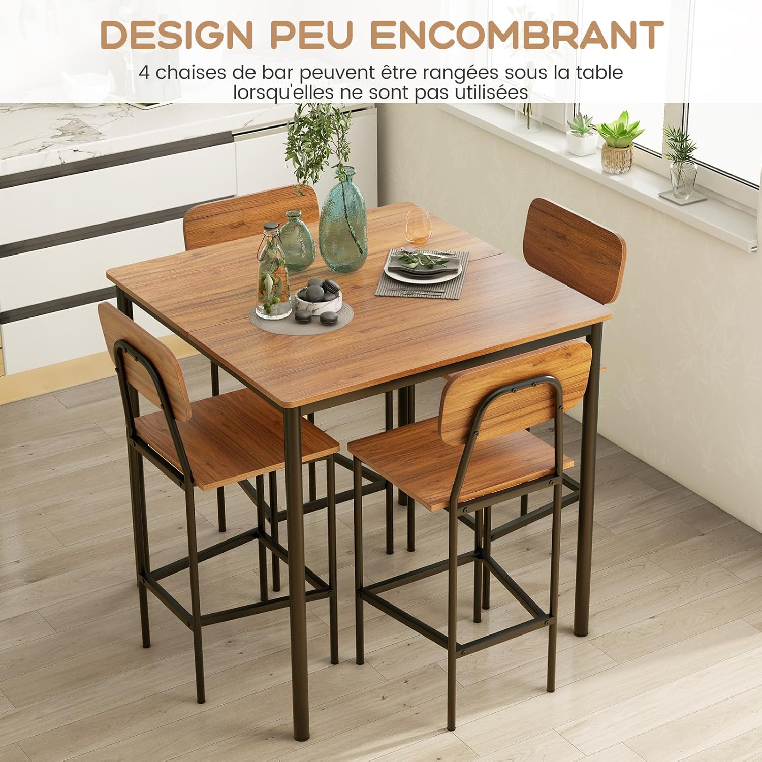 Table et 4 Chaises, Table Haute Cuisine 90 x 90 cm, Tabouret avec Dossier, Mange Debout pour 4 Personnes, Design Compact(Marron Rustique) - 3
