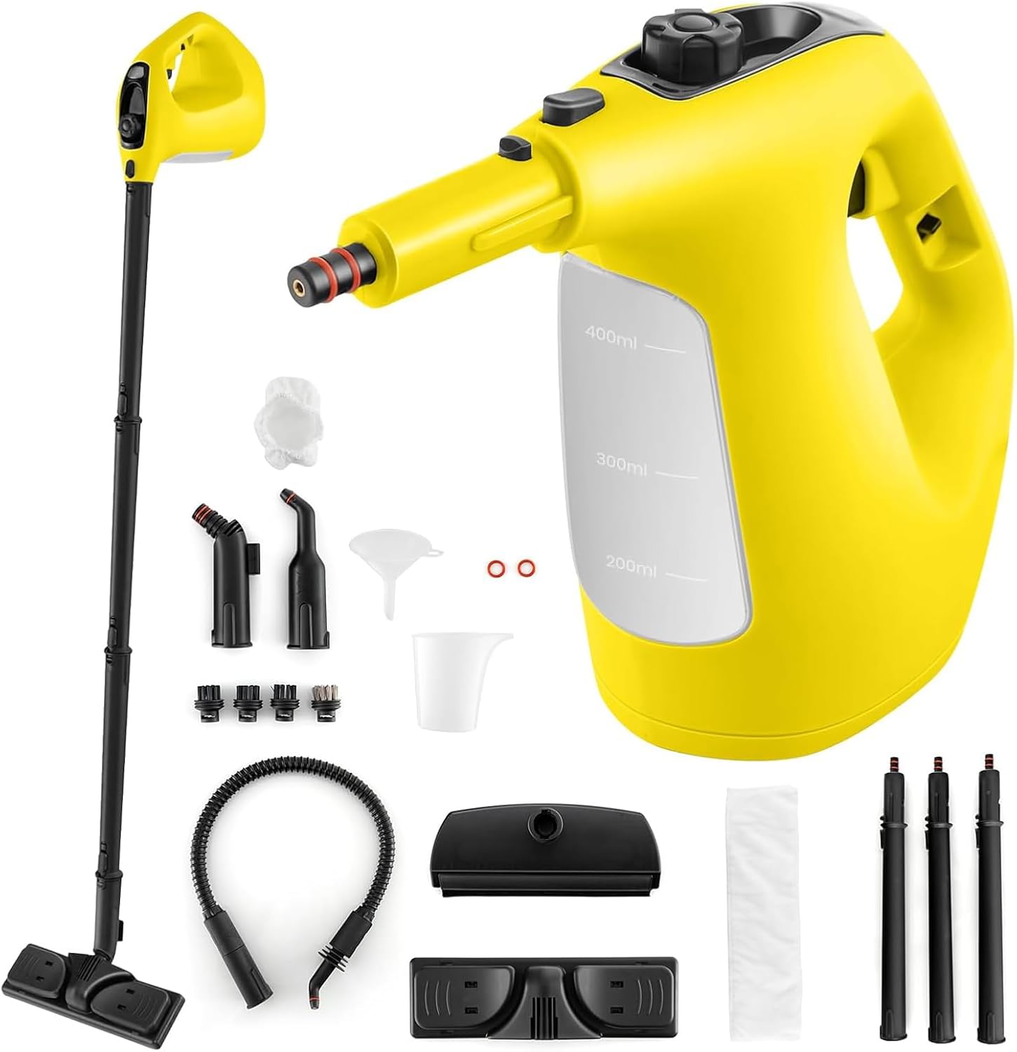 Ręczny Odkurzacz Parowy 1400 W, Zbiornik 400 ml, Blokada Bezpieczeństwa, Temperatura 125 °C, Przenośny Odkurzacz Parowy z 14 Akcesoriami, Kolor Żółty
