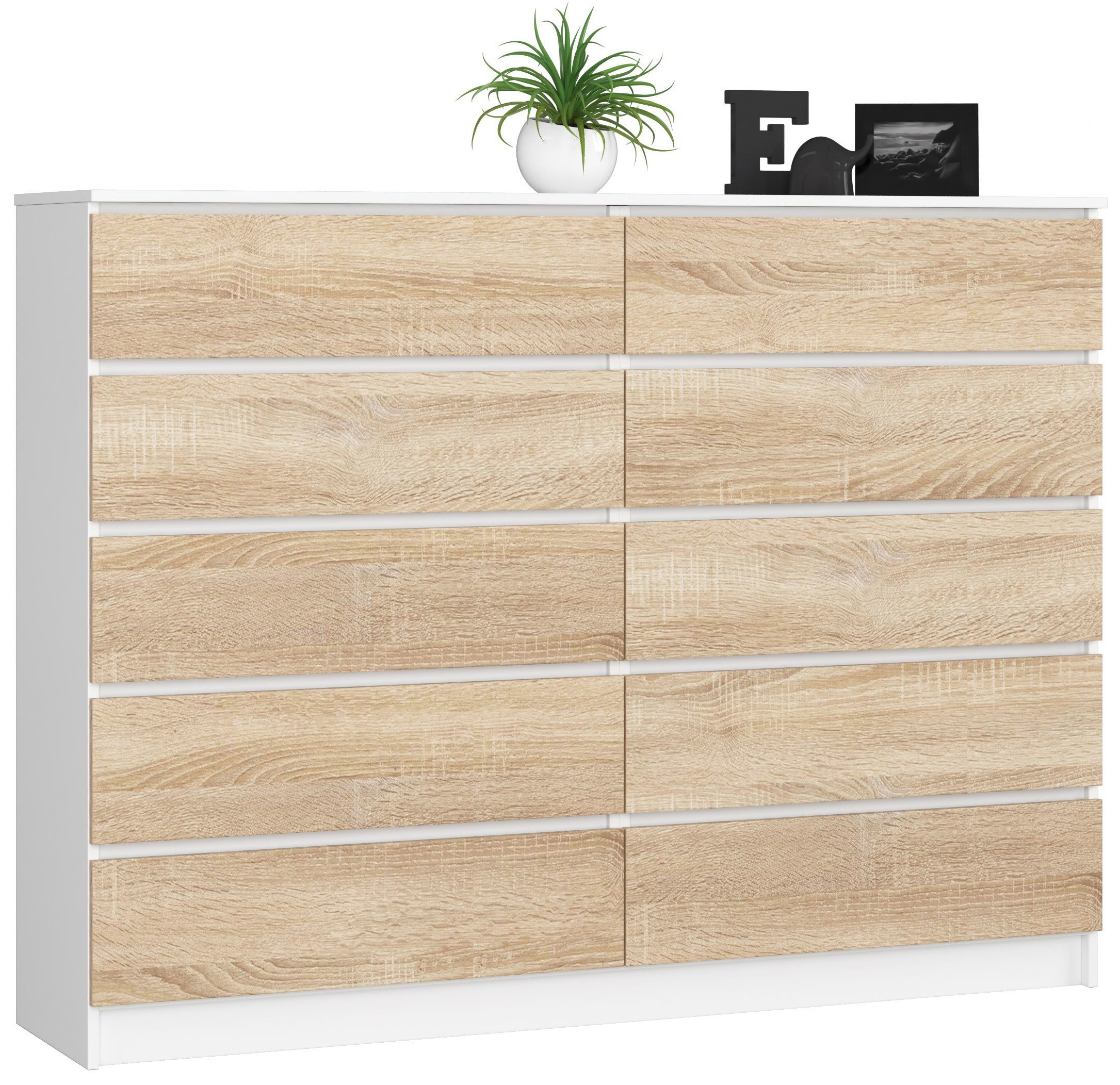 Komoda AKORD K160 Biała 160 cm 10 szuflad kolor Dąb Sonoma mat 160x40x121 cm