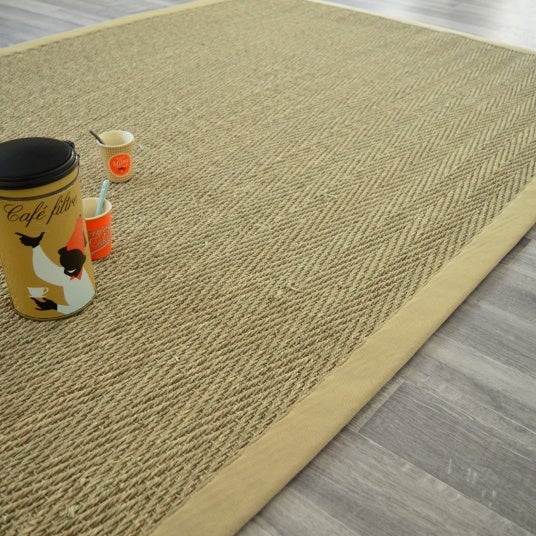 Tapis Jonc de mer - Bihar fin chevron - Ganse coton beige - 200 x 290 cm - 2