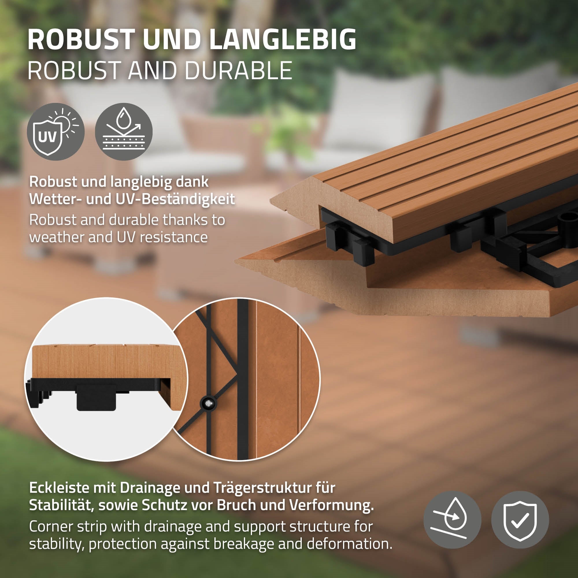 ML-Design listwa narożna lewa wpc jasnobrązowy 38x2x7,5 cm profil drewnopodobny ryflowany z odpływem wzmocniona baza system klik obróbka krawędzi - 3