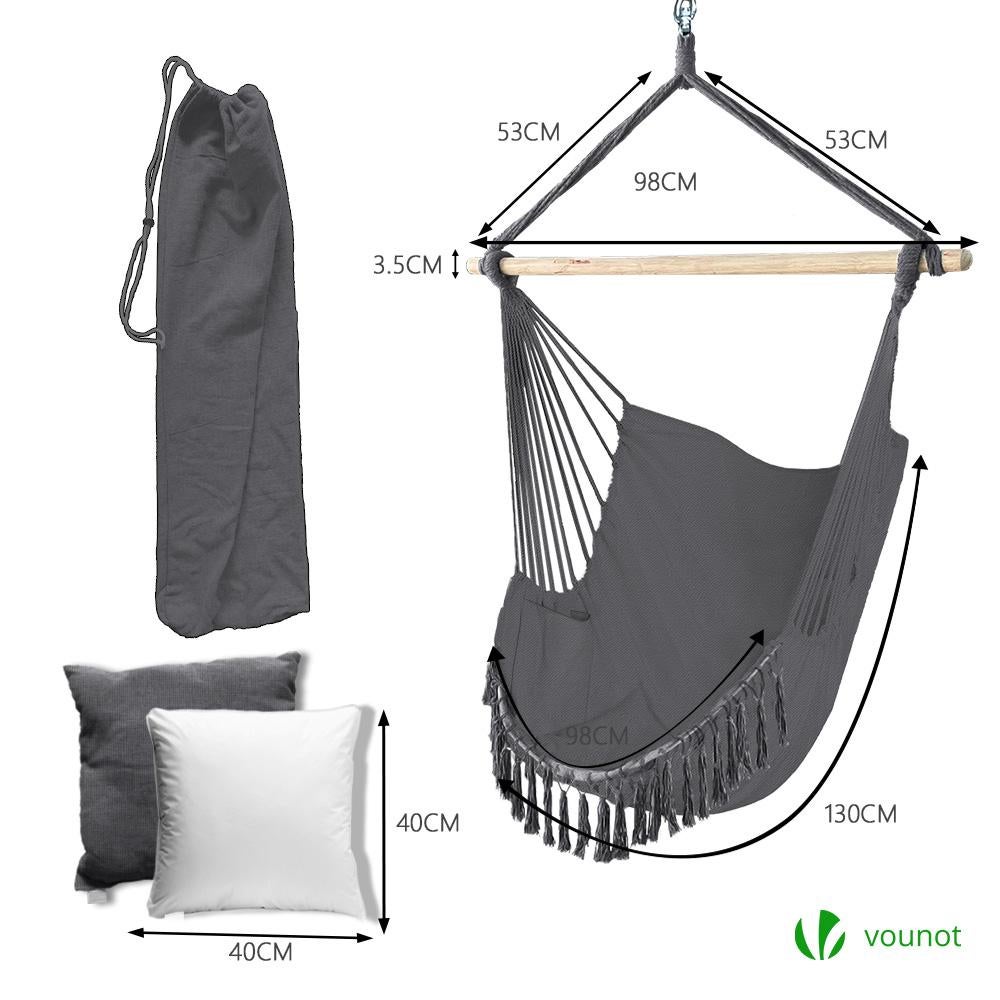VOUNOT® Chaise hamac suspendue à franges - siège balançoire en coton doux avec 2 coussins - portable pour intérieur et extérieur - gris - 4