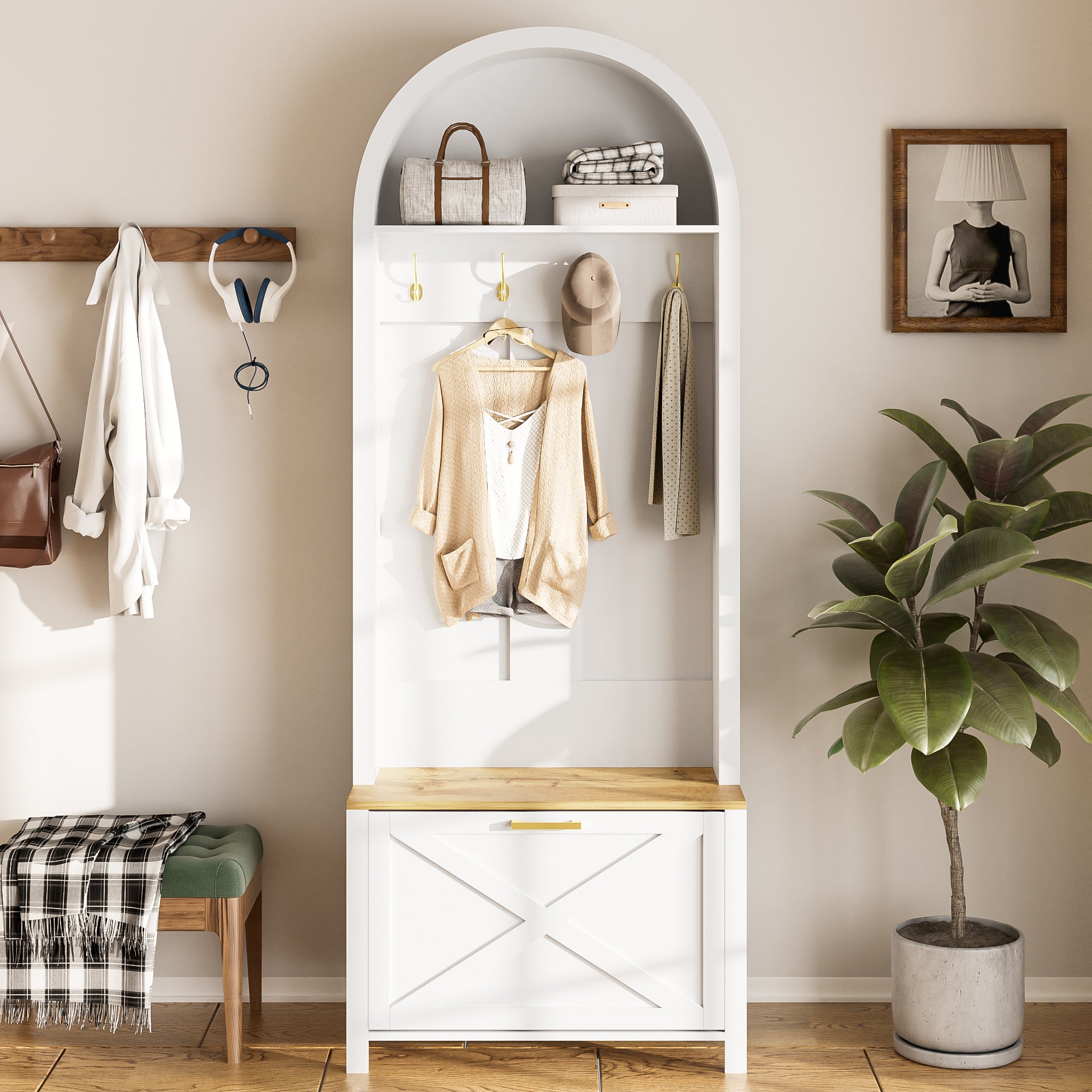Ensemble vestiaire d'entrée 75x35x195 cm - Avec meuble à chaussures et crochets - Avec étagères - Blanc et naturel - 2
