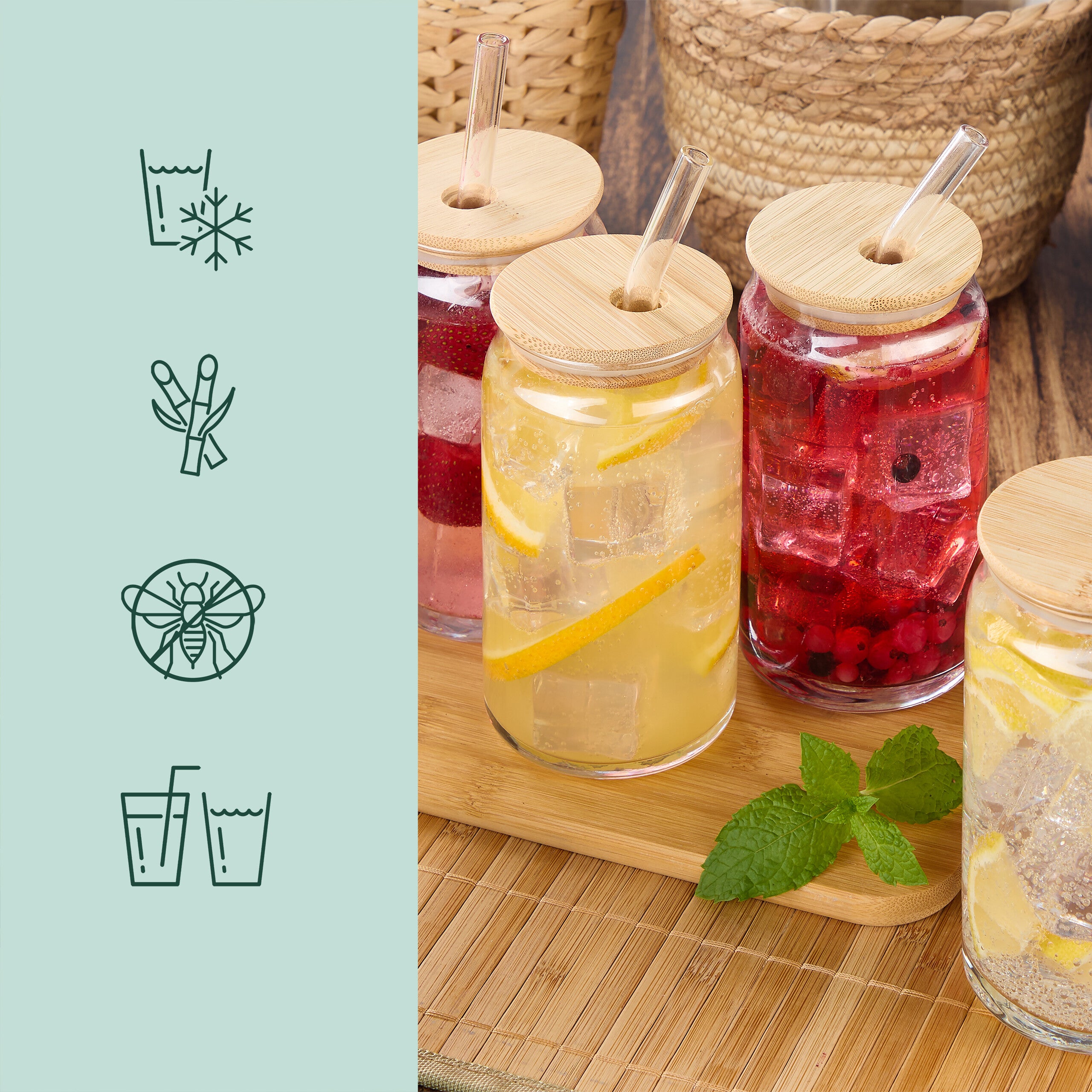 LINXIU Confezione da 2 bicchieri a forma di lattina da 500 ml, bicchieri in vetro con coperchio in bambù e cannuccia in vetro, per cocktail, whisky, soda birra