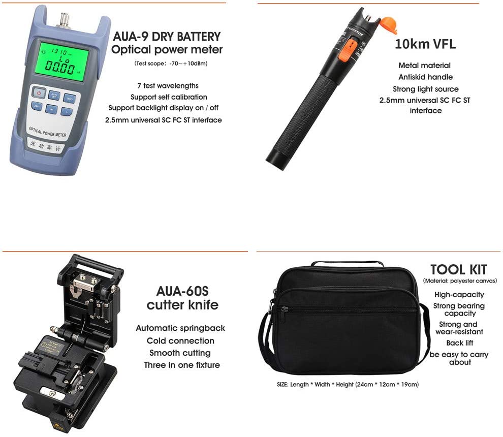GOECO 16pcs/kit Outils à Fibre FTTH avec Photomètre Fibre Optique, Cliveuse Fibre Optique AUA-60S, Localisateur visuel de défauts 10 km - 2