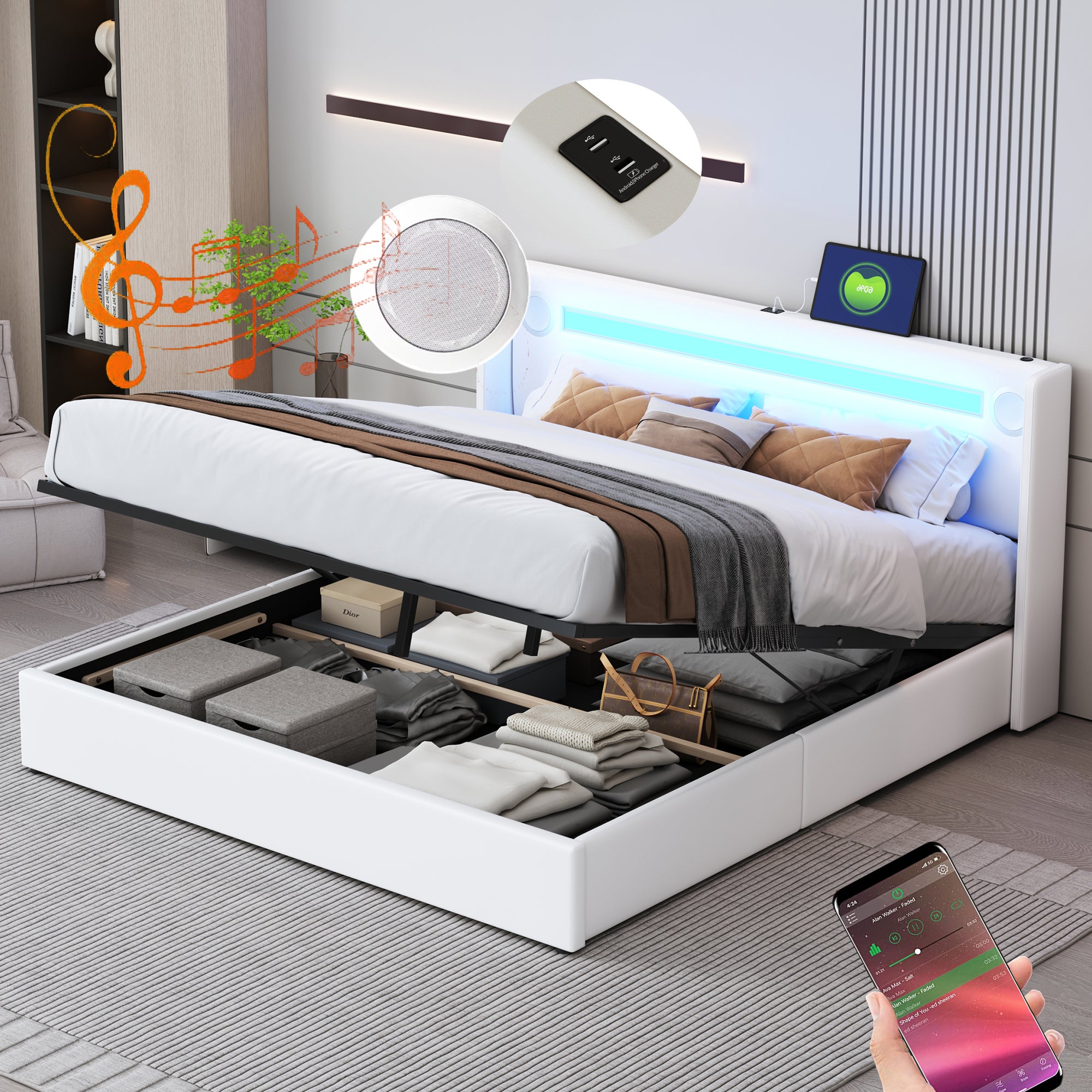 Lit Double 160x200 Avec Sommier Coffre, LED USB Et Tiroirs - Capitonné Blanc
