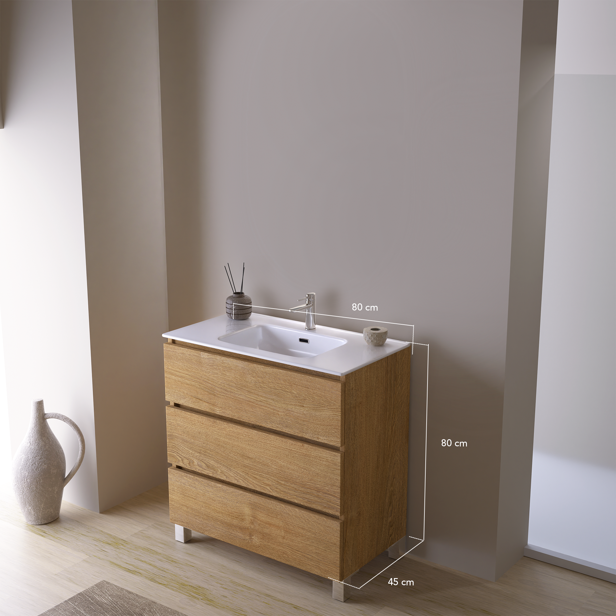 Feel Your Bath, Meuble SDB Effet Bois 80 cm + Vasque Céramique Blanc Brillant – 3 Tiroirs et Pieds, Spacieux - 3