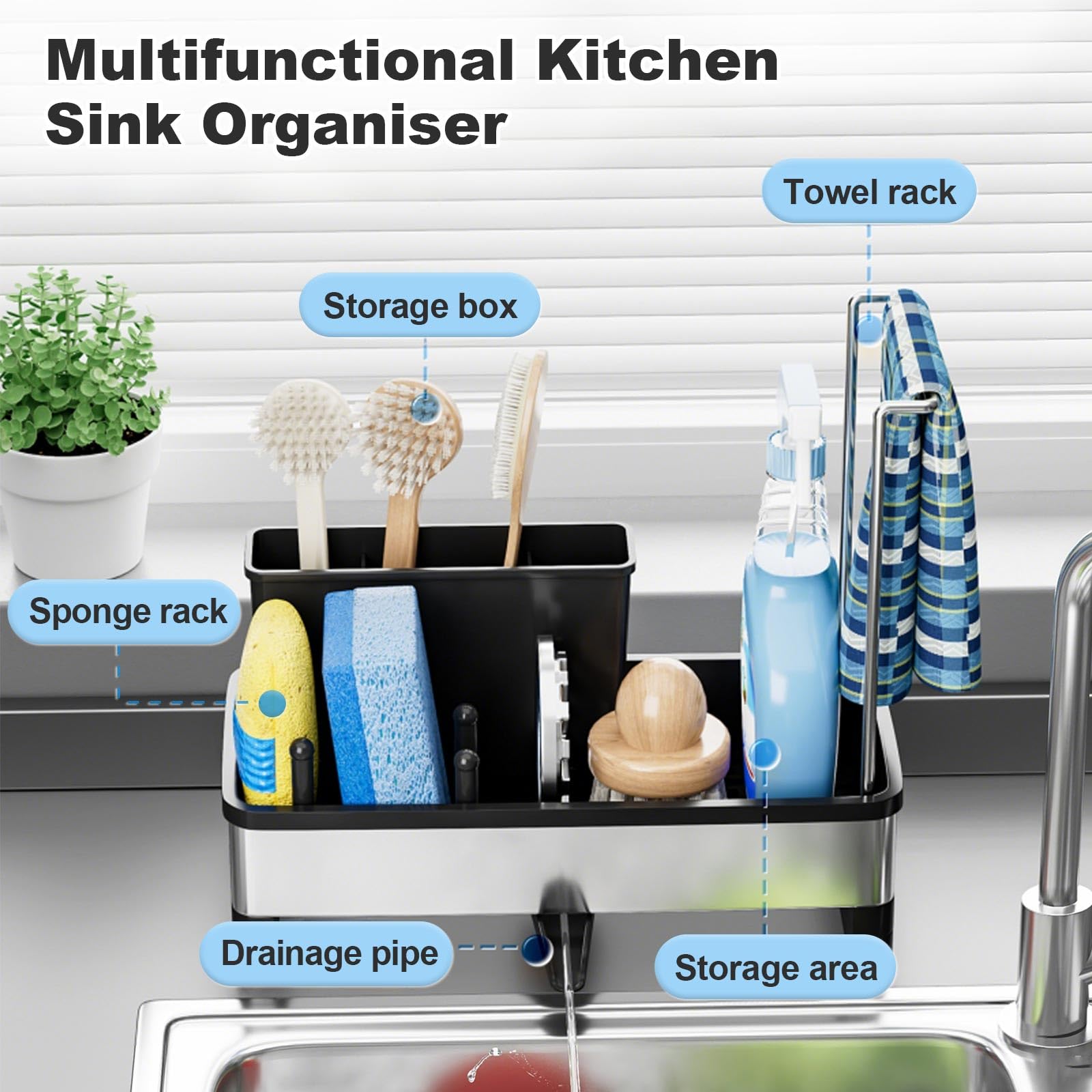 Porte Eponge Evier Cuisine, Rangement Cuisine, Noir Égouttoir INOX & PP, Organisateur Evier, Support Eponge Evier Cuisine Multifonction avec Drainage - 2