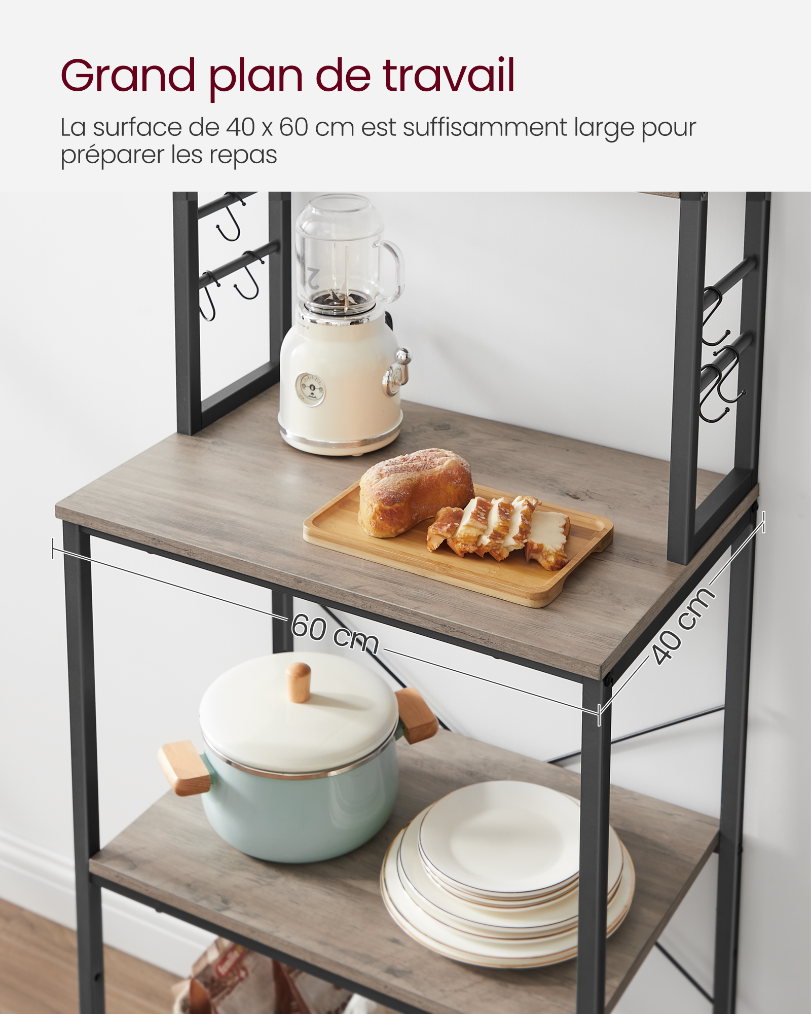 Étagère de Cuisine, 6 Étagères et 6 Crochets, pour Four à Micro-Ondes, Style Industriel, 40 x 60 x 167 cm, Gris et Noir - 4