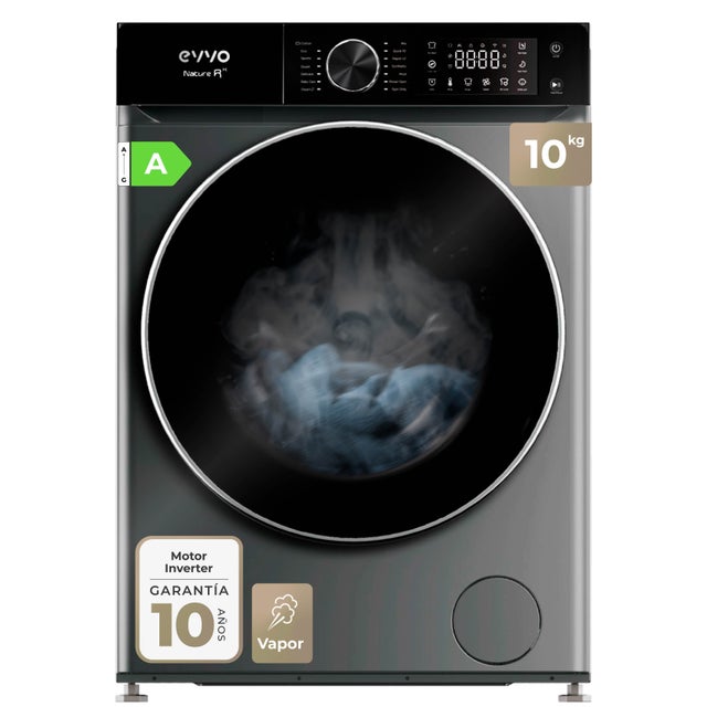 EVVO Lavadora 10 kg Nature R10X, 1400 rpm, Clase A, Motor Inverter, 13 programas, vapor, Super Spa, lavado rápido, inox
