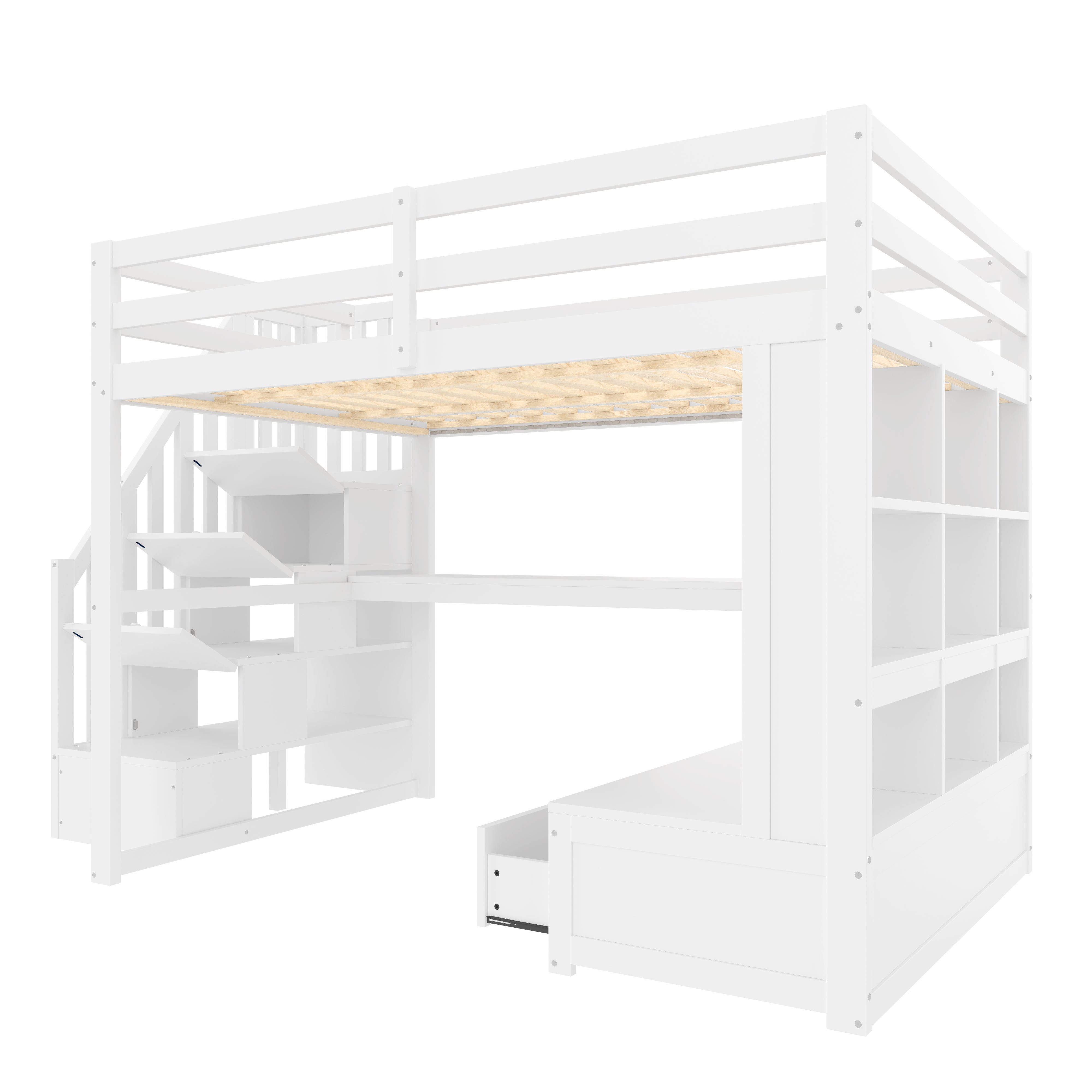 Lit Mezzanine enfant 2 place 140x200 cm, lit superposé en bois avec bureau intégré - escalier de rangement - 2 Grands Tiroirs - Éclairage LED, Blanc - 4