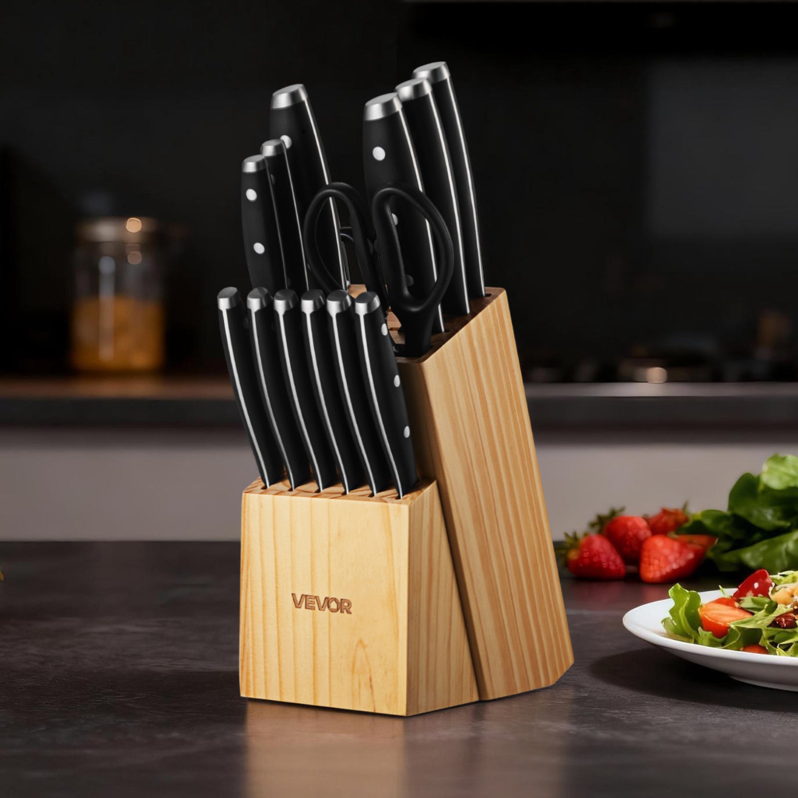 Set Couteaux Cuisine VEVOR avec Bloc et Aiguiseur 15PCs, en Inox à Haute Teneur, Coutellerie Cuisine avec Manche Ergonomique, pour Cuisinier Amateurs - 8