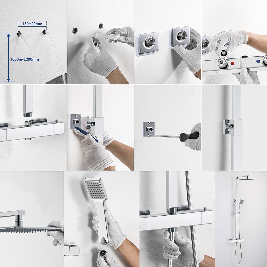 AICA Kit doccia con rubinetto termostatico, soffione doccia quadrata acciaio inox, asta doccia regolabile 76-118cm, cromato, antiscottatura - 6