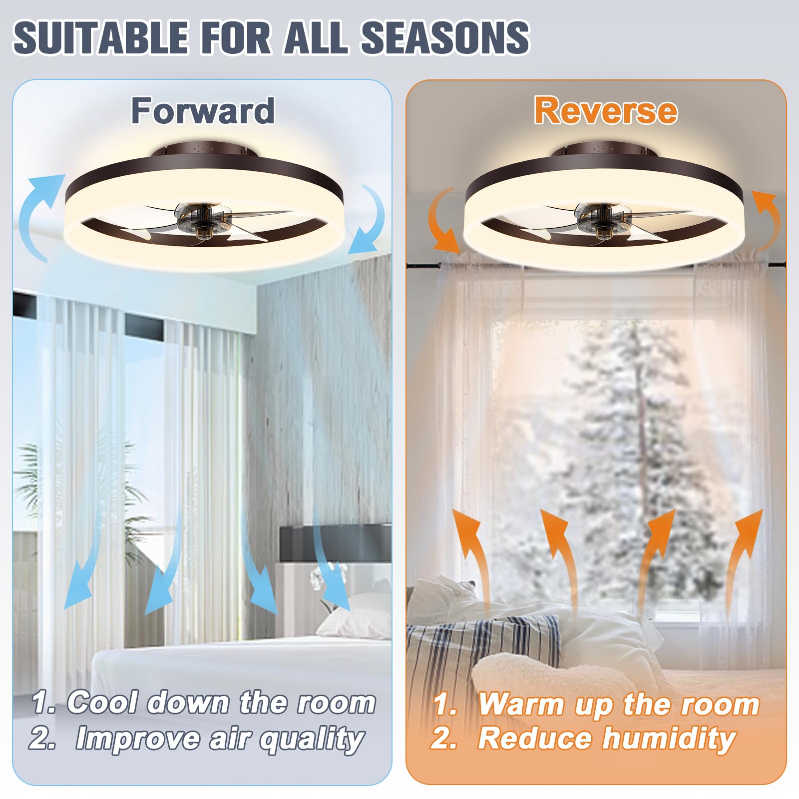 Ventiladores de teto de perfil baixo de 45 cm com luzes e comando, ventilador de teto regulável, montagem embutida, castanho - 6