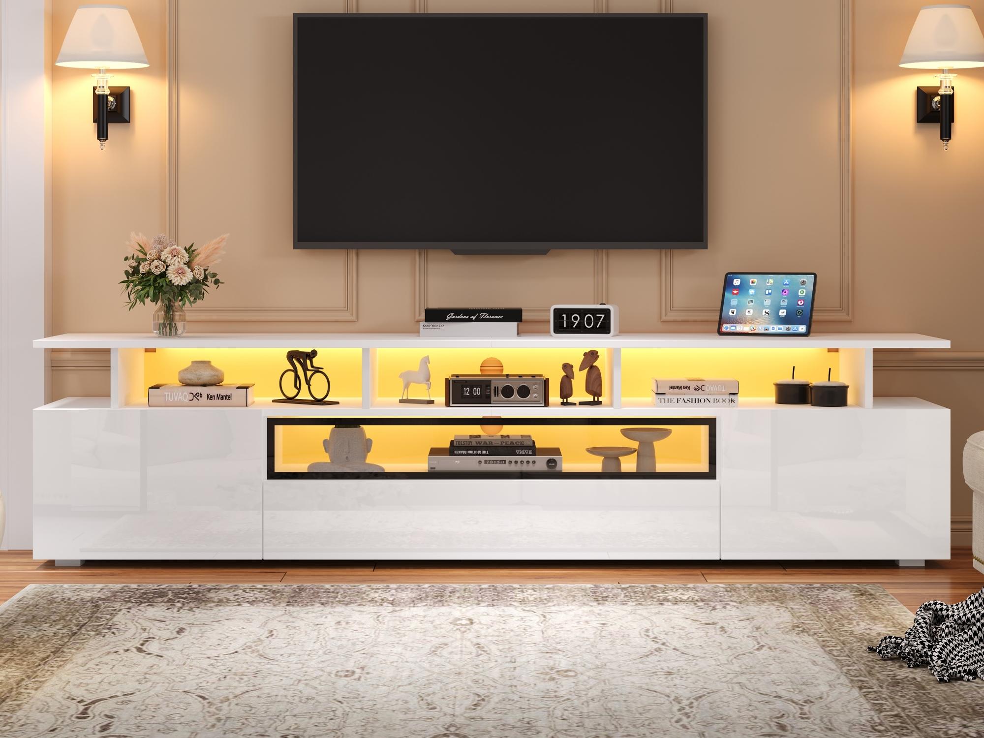 Stolik pod TV 180x38x45cm - 1 szuflada i 2 drzwi - z diodami LED - wykończenie błyszczące - biały