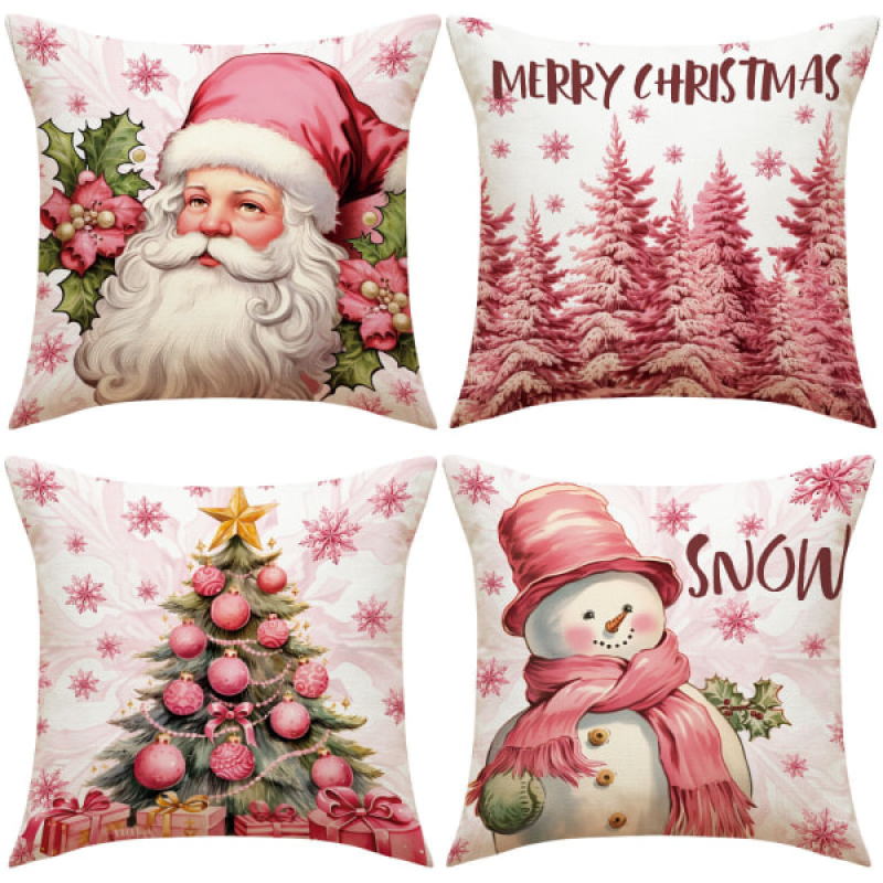 Juego de 4 fundas de almohada navideñas rosas, 45 x 45 cm, papá noel y muñeco de nieve