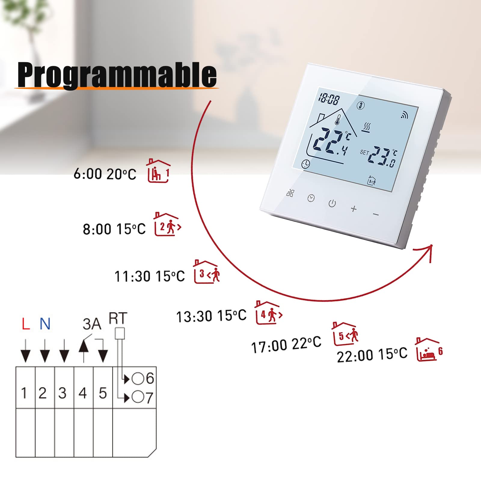 Thermostat intelligent WiFi, pour chauffage au sol, WiFi, écran LED, écran tactile, thermostat numérique, compatible avec Alexa (chauffage chaudière) - 7