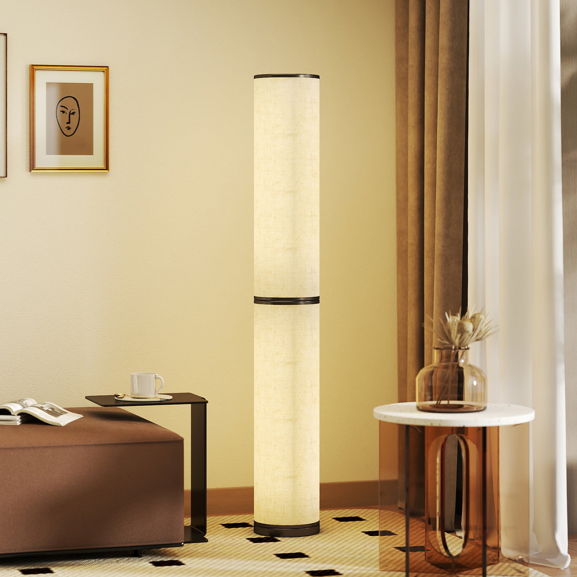 Lámpara de pie led para salón, con brillo regulable, mando a distancia magnético, ø 20 x 135 cm, color beige.