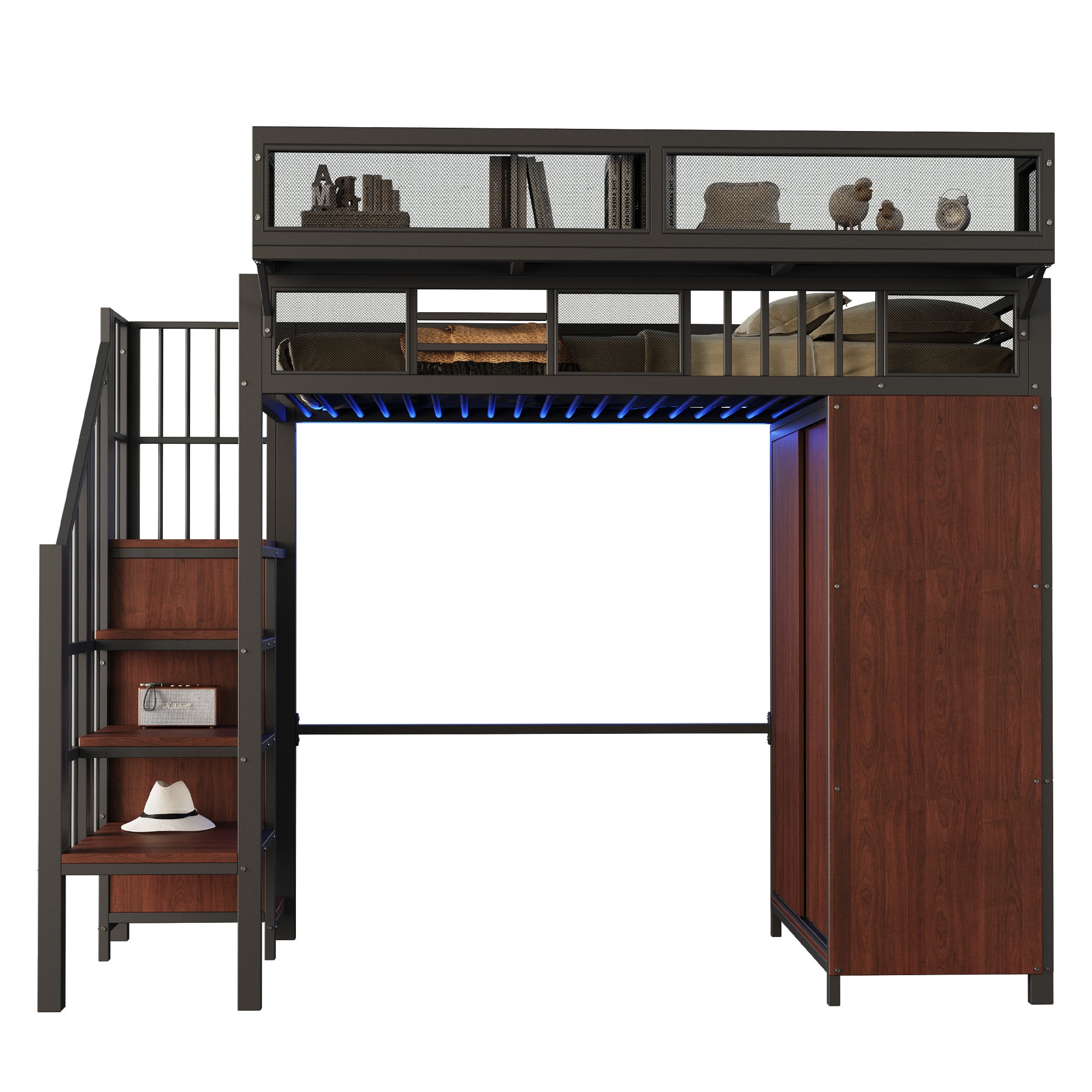 Łóżko piętrowe 90 x 200 cm z szafą, schowkiem i półką - Metal + sklejka + MDF - Diody LED - Czarne (Materac nie jest wliczony w cenę) - 9