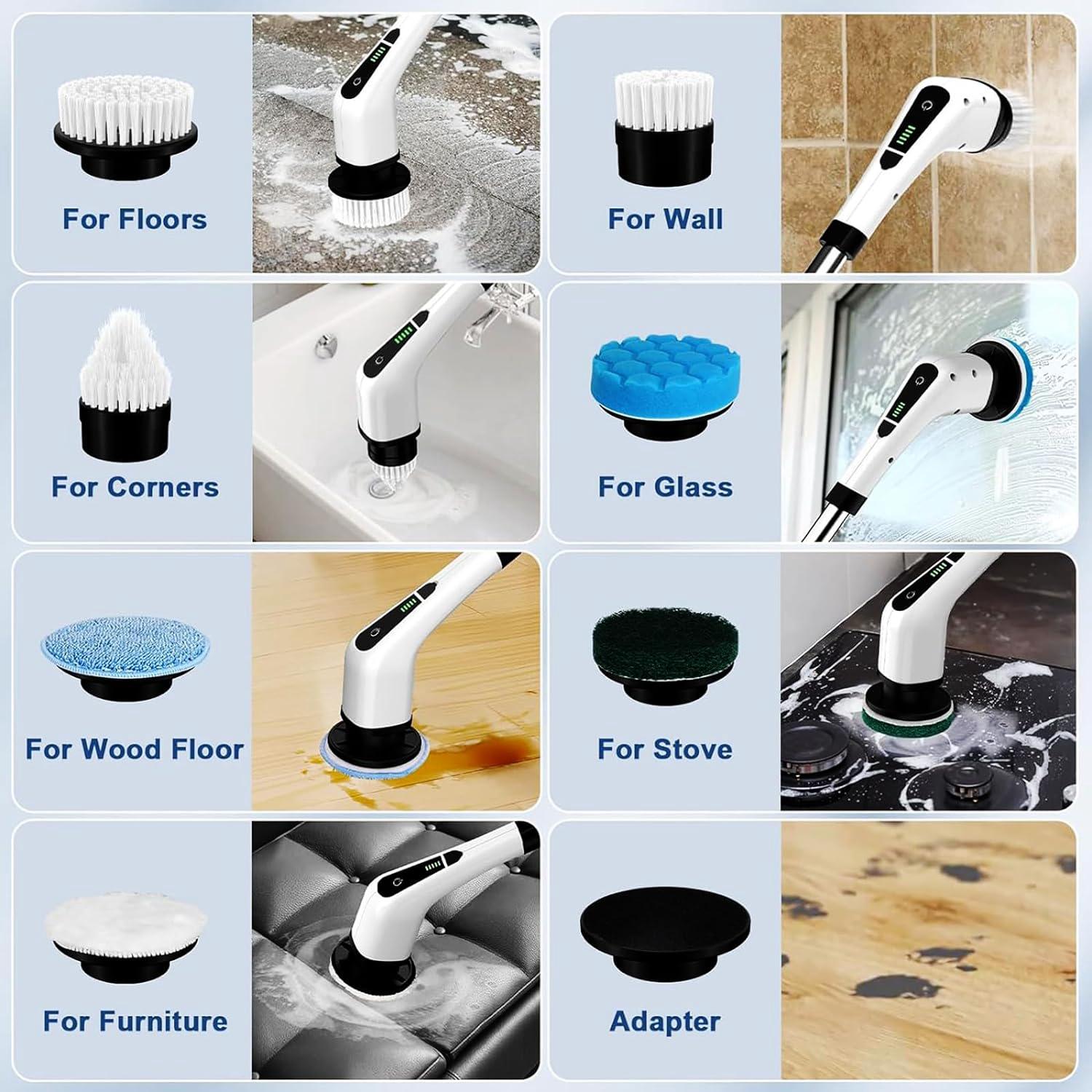Brosse de Nettoyage éLectrique Rotative, Brosse de Nettoyage de Salle De Bain, 7 TêTes de Brosse RemplaçAbles, Extension RéGlable et 2 Vitesses - 6