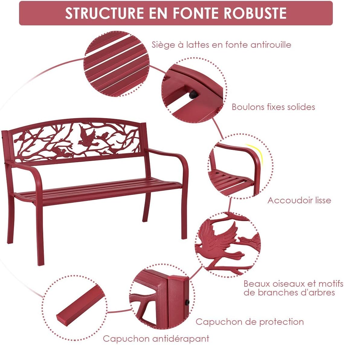 Banc de Jardin Structure Stable Banquette de Jardin Motif Oiseaux et Branches pour Parc Terrasse Balcon 123 x 60 x 88 cm Rouge - 4