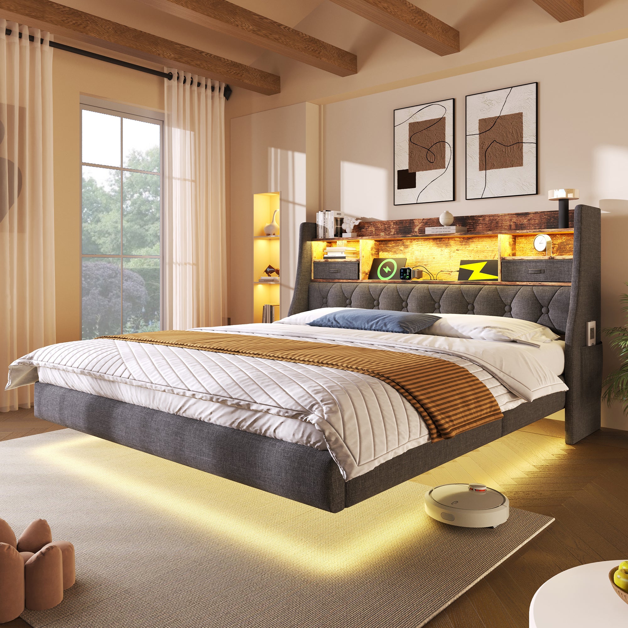 Lit 160x200 avec 1 Type-C 3 Ports USB et LED, Lit Double Flottant avec tête de de Rangement et sommier à Lattes, Lin Gris (Sans Matelas) - 6